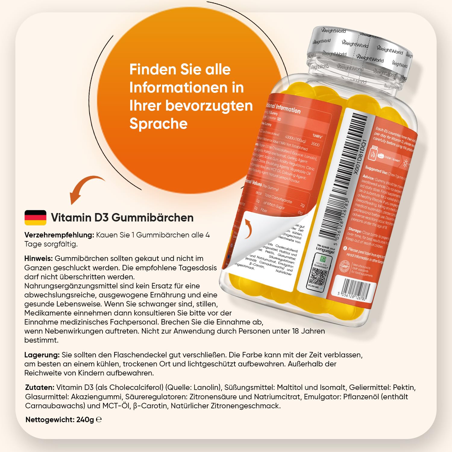 Vitamin D3 + Ashwagandha + Multivitamin Gummibärchen - je 120 Stück pro Packung - Fruchtige Geschmacksrichtungen - 3-in-1-Gummibärchen-Set - Glutenfrei - WeightWorld