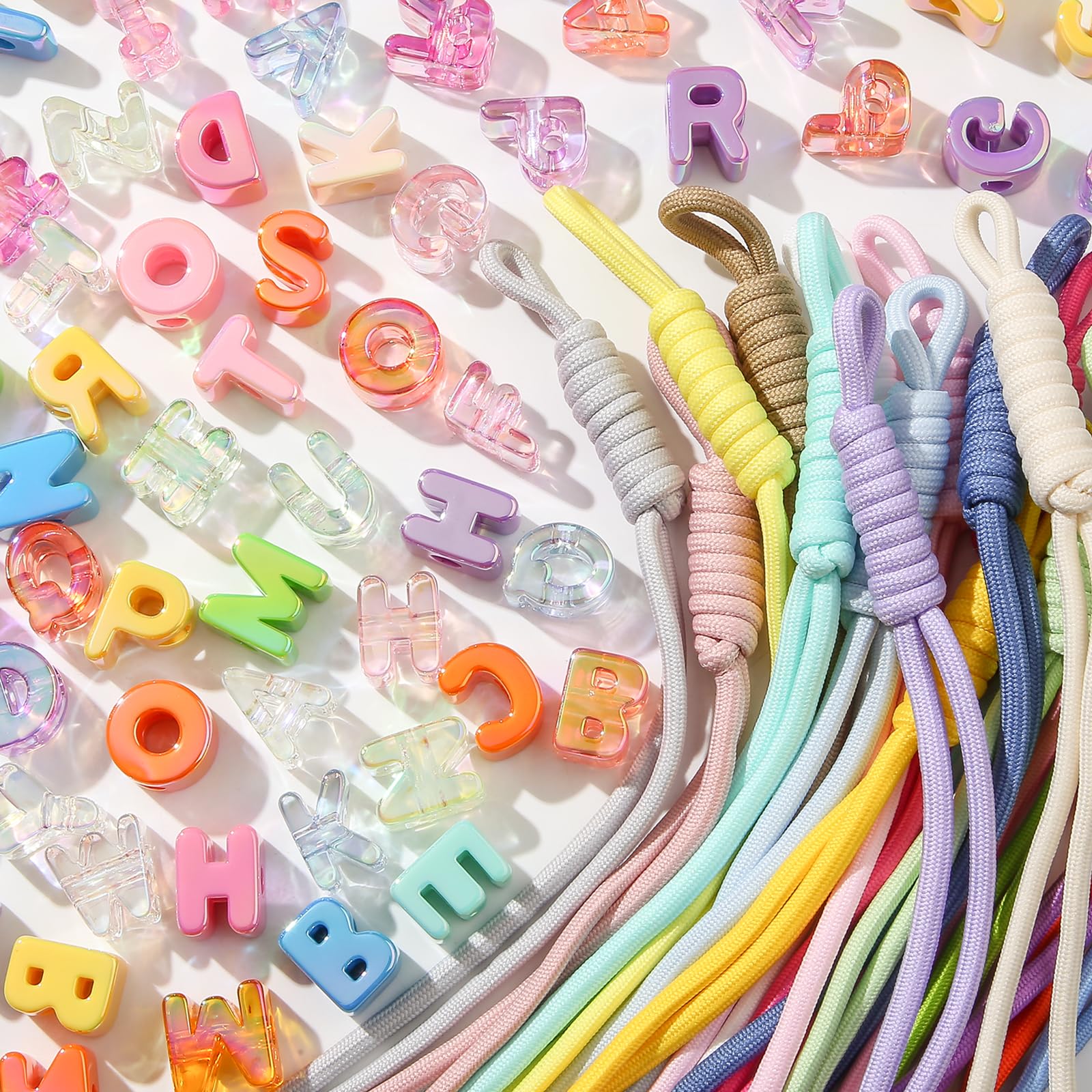 BERMRO 104pcs Large Letter Beads with 20pcs Rope Big Chunky Letter Bead A-Z Acrylic Alphabet Bubble Beads for Paracord Bead Bag Charm Keychains Crafts Education Leaning (Transparent&Color)