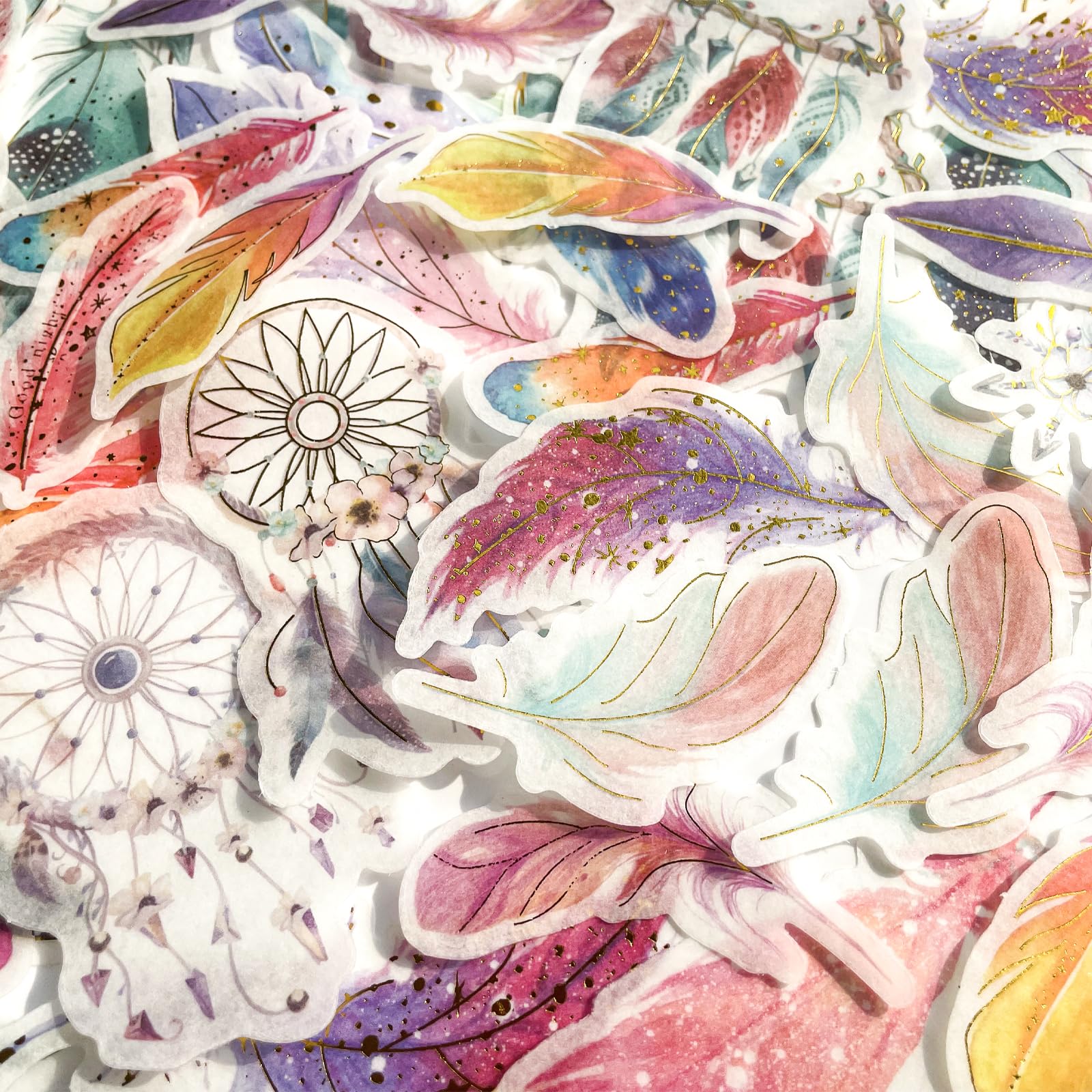 Yoksas 60Pcs Boho Feather Gypsy Washi Stickers - Aesthetic Bronzing Fantasy Japanese Paper Scrapbook Craft Decorative Stickers for Junk Bullet Journals, Planners, Collage Album - Image 2