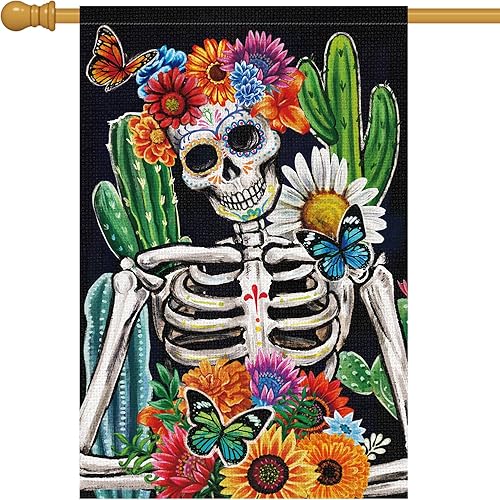 Bandera de jardín del Día de los Muertos de 28 x 40 pulgadas, de arpillera de doble cara, calavera, esqueleto, flor, banderas de jardín Dia DE Los disponible en Yaxa Peru