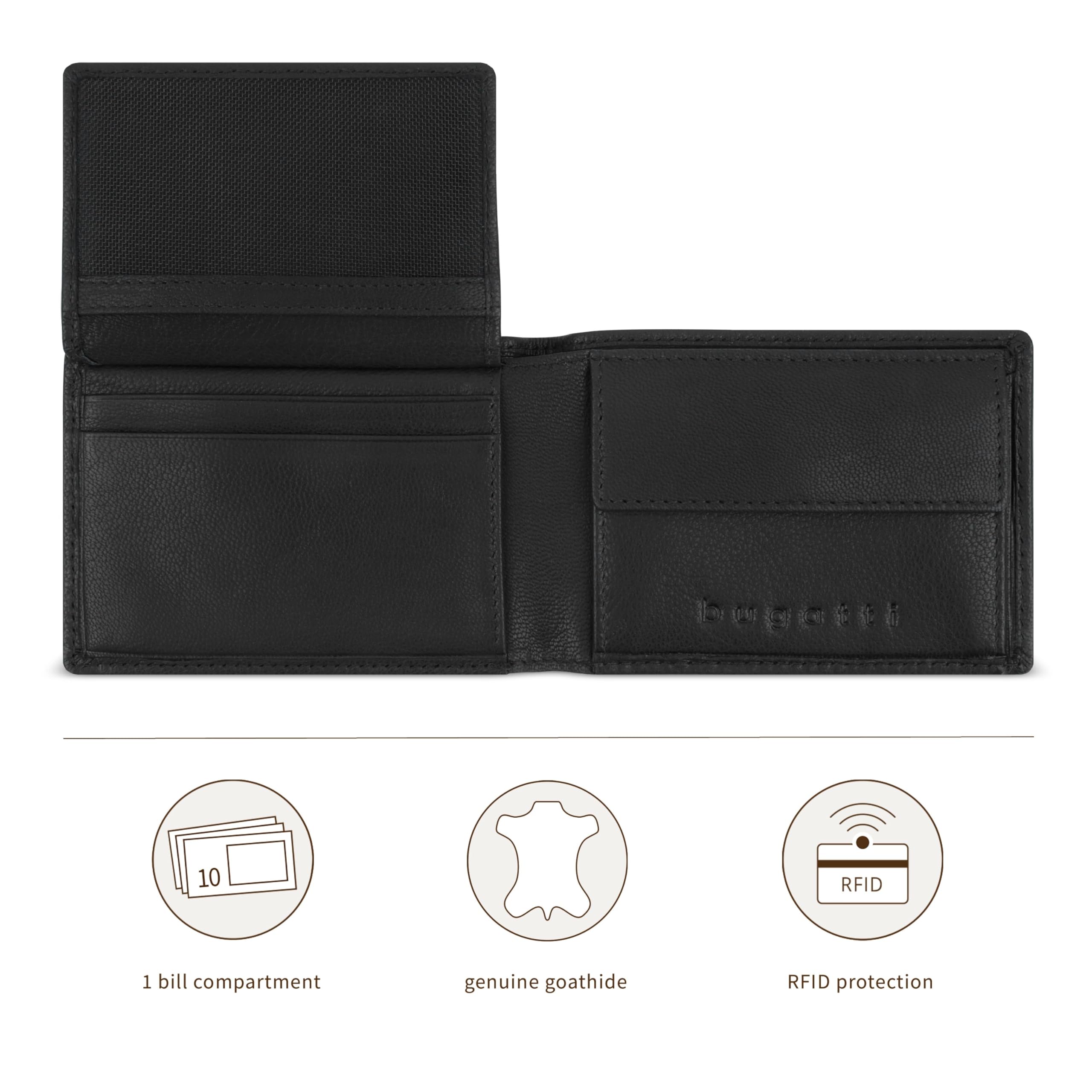 bugatti Black Magic Mini portfel wykonany w całości ze skóry, mały portfel z ochroną RFID, czarny