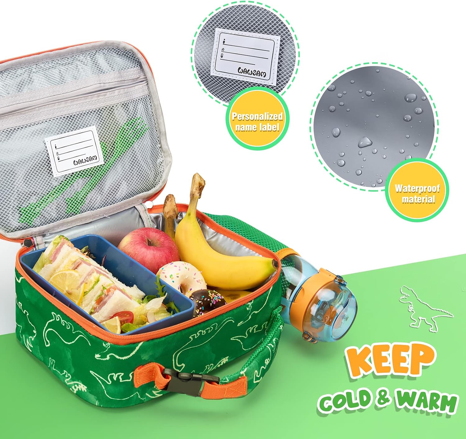 WAWSAM Dinosaur Lunch Boxes for Boys - Insulated Kids Lunch Box for Boys Toddler Lunch Bag for Preschool School Kindergarten Elementary Primary Picnic Thermal Lunch Bag with Handle and Bottle Pocket