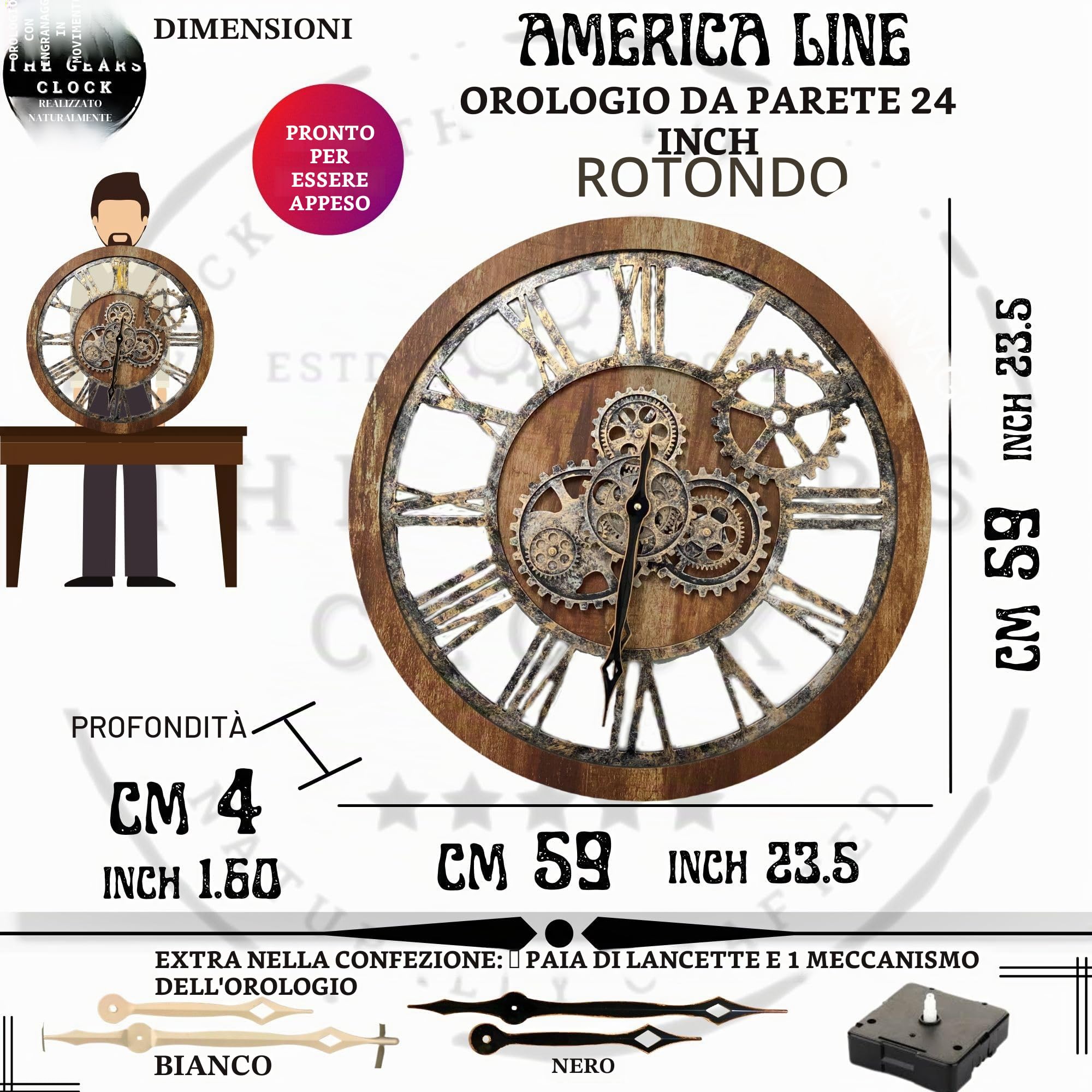 ImprovingLife - Orologio da parete in stile vintage, industriale, stile rustico, 60 cm (legno nero e bronzo)