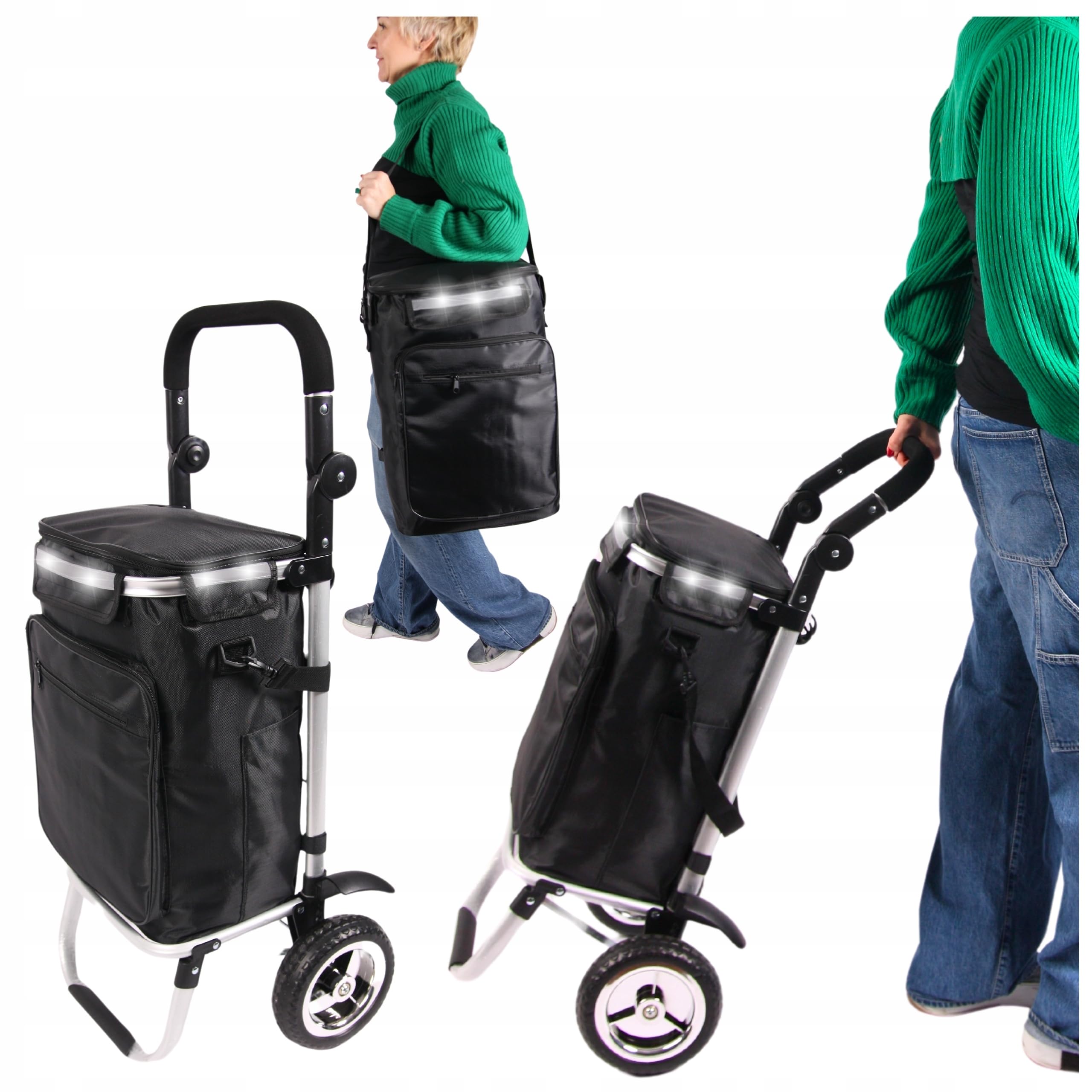 Wózek na Zakupy, 45L Pojemność, Szary, Aluminiowa Rama, Wodoodporny, z Kieszenią Termoizolacyjną, Składany, Regulowany Uchwyt 66-110cm