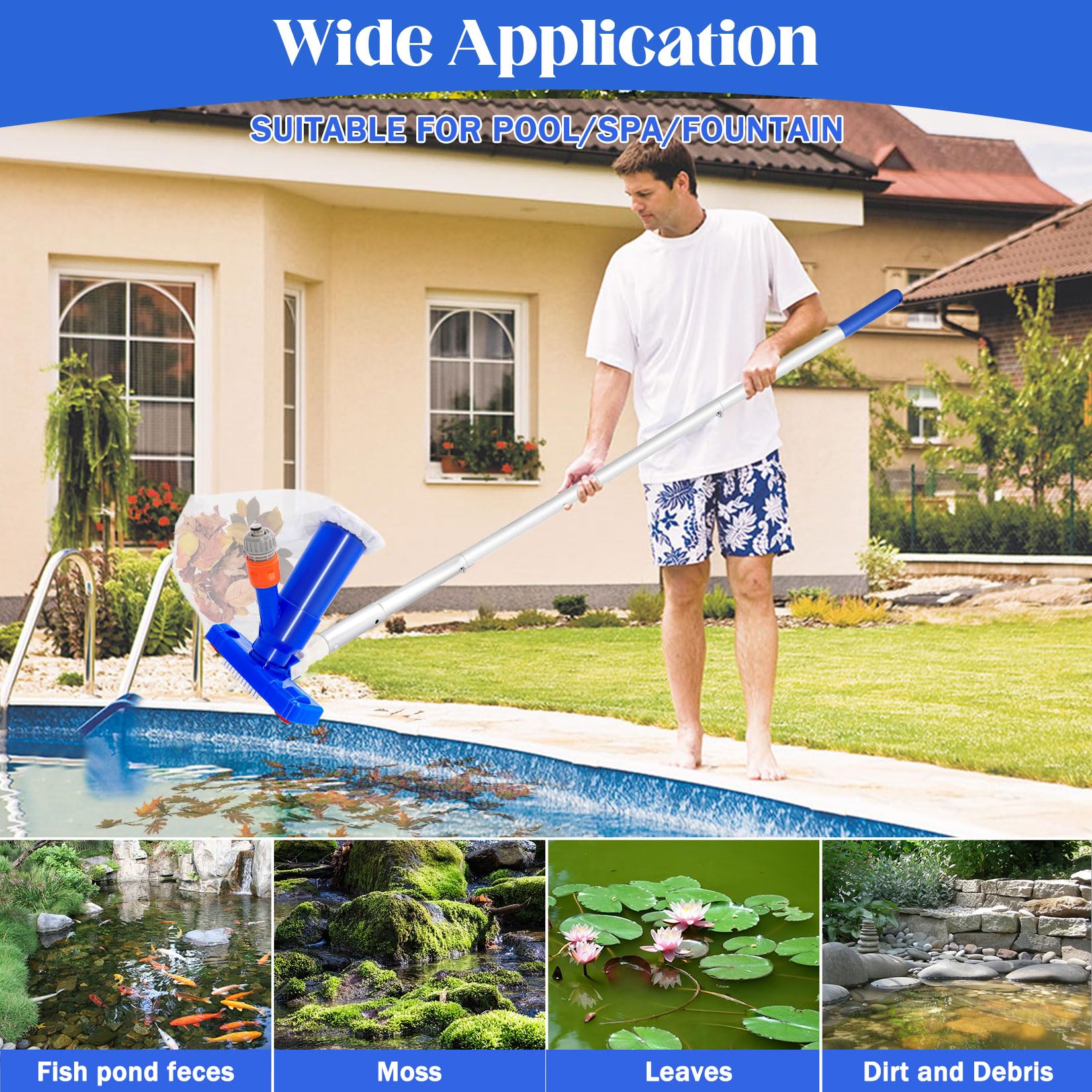 Poolsauger Bodensauger 147cm, Poolreiniger Bodensauger Set mit 4 Abnehmbare Verstärkung Aluminiumstange, Bürste, Pool Staubsauger Boden, Pool Reinigungsset