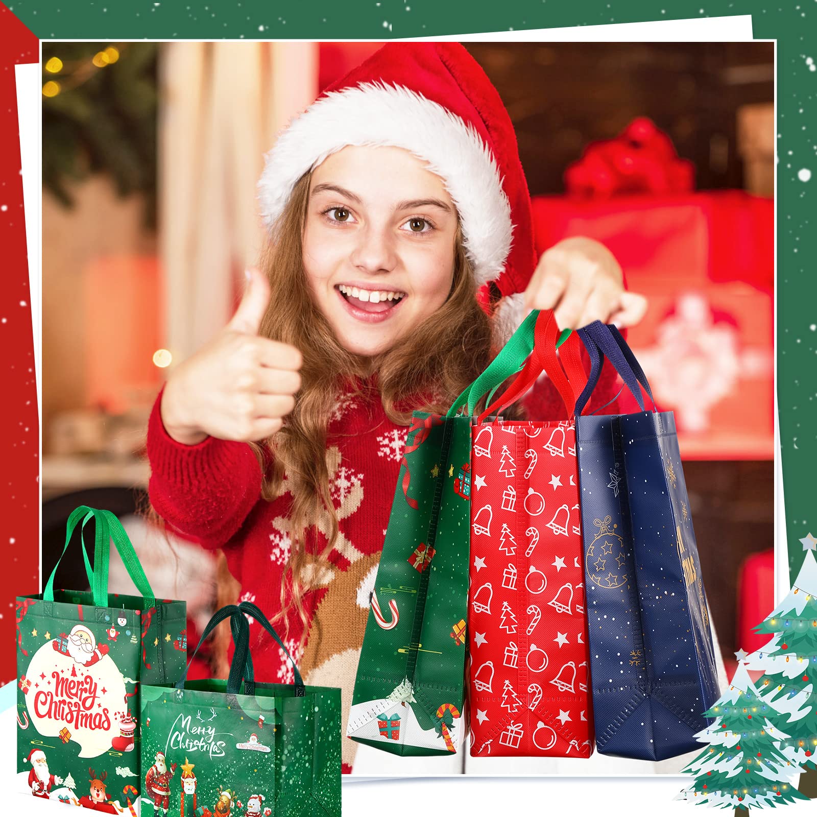 Xuniea Lot de 48 sacs fourre-tout de Noël avec poignées, sacs cadeaux de Noël multifonctionnels, non tissés, étanches, pour les fêtes de Noël, 32 x 25 x 17 cm, 30 x 25 x 11 cm