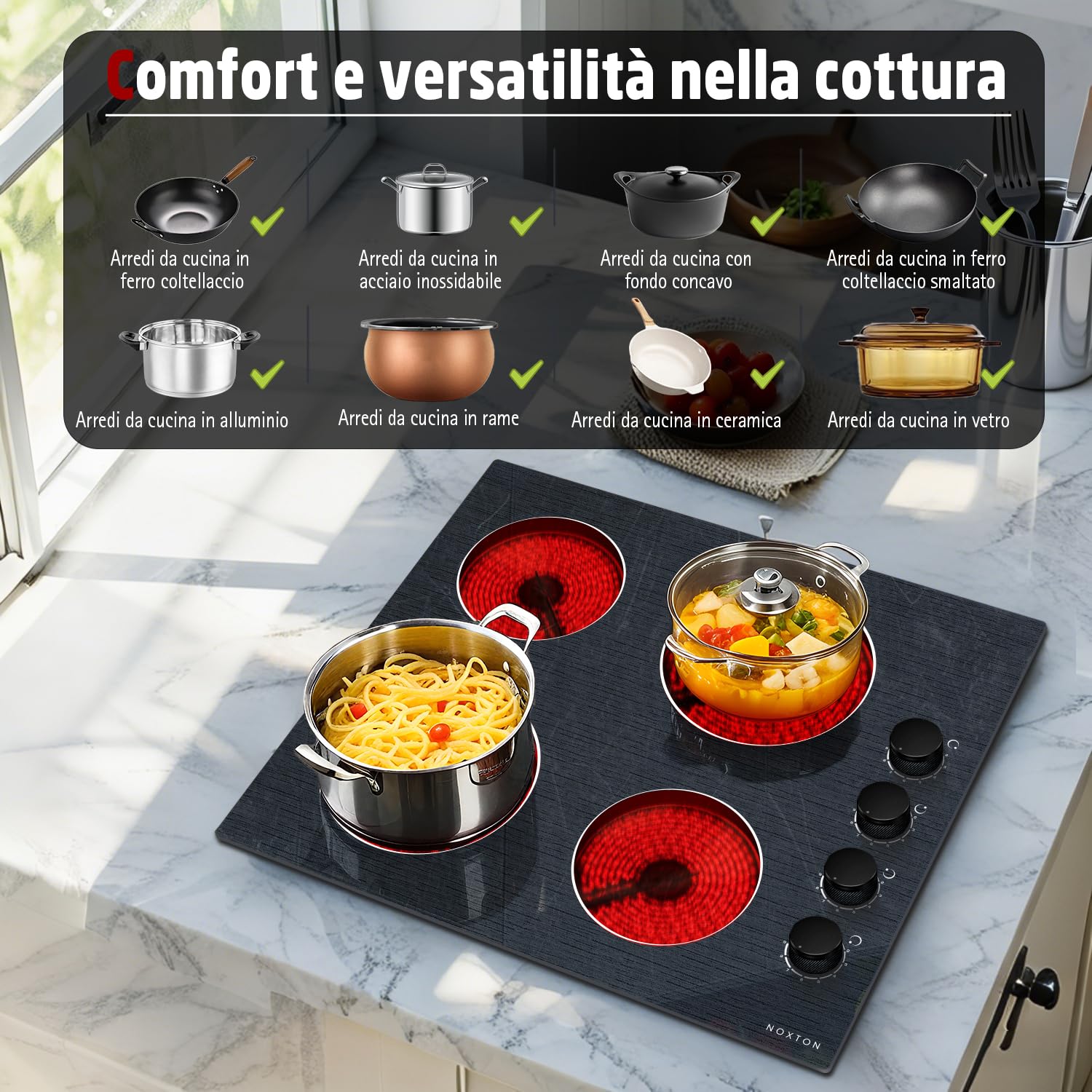 Piano Cottura Vetroceramica 4 Fuochi, 6000W Piano Cottura Elettrico 60cm | Incasso, Manopola, Piani Cottura Elettronica, Spegnimento Automatico, Vetro Cristallo, Argento Nero