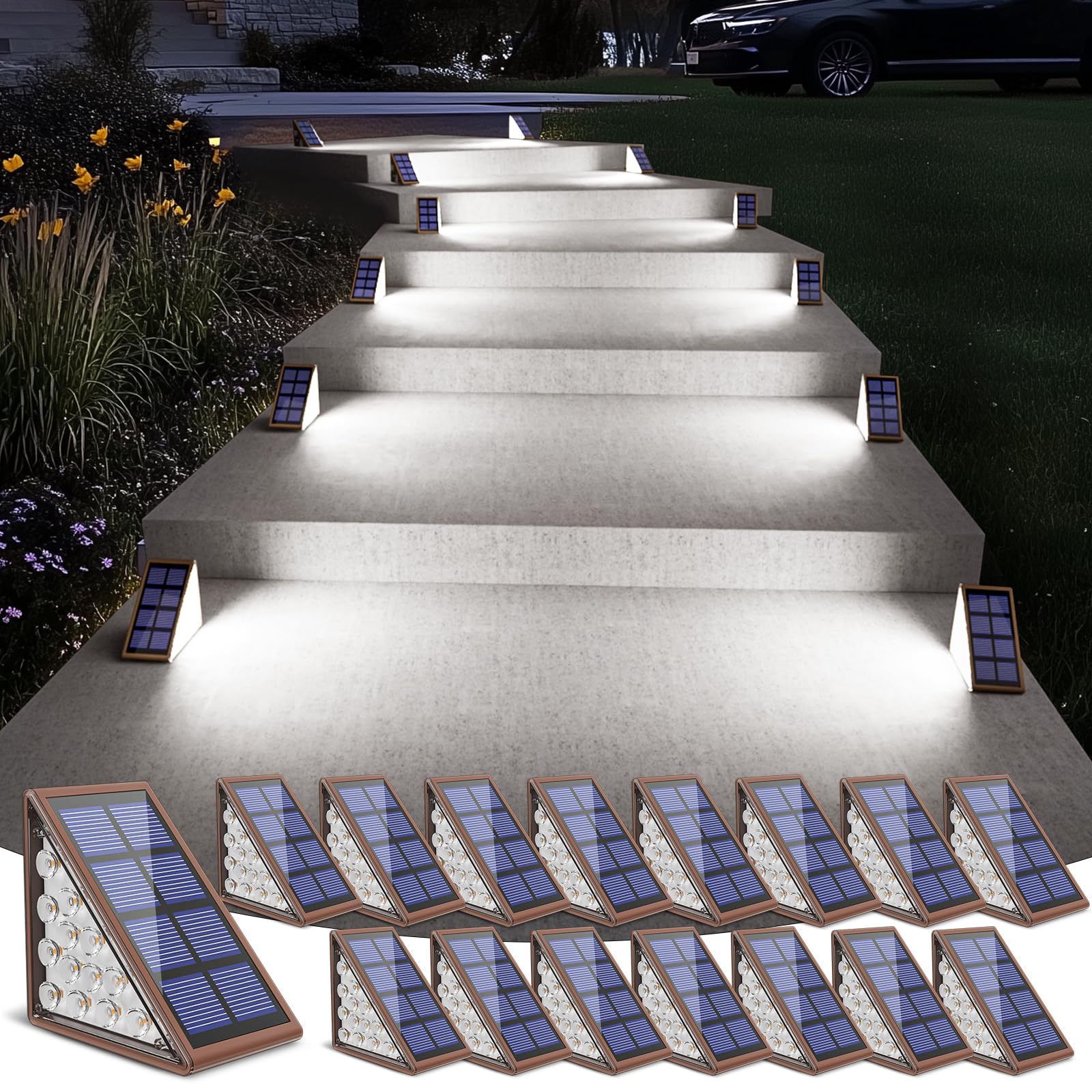 NIORSUN Solar Stair Lights,Cool White Outdoor Step Lights IP67 Waterproof Auto On Off, Outdoor Stair Lights for Steps,Stair,Patio,Yard,Porch,Front Door,Sidewalk,Deck Decor（Brown, 16 Pack）