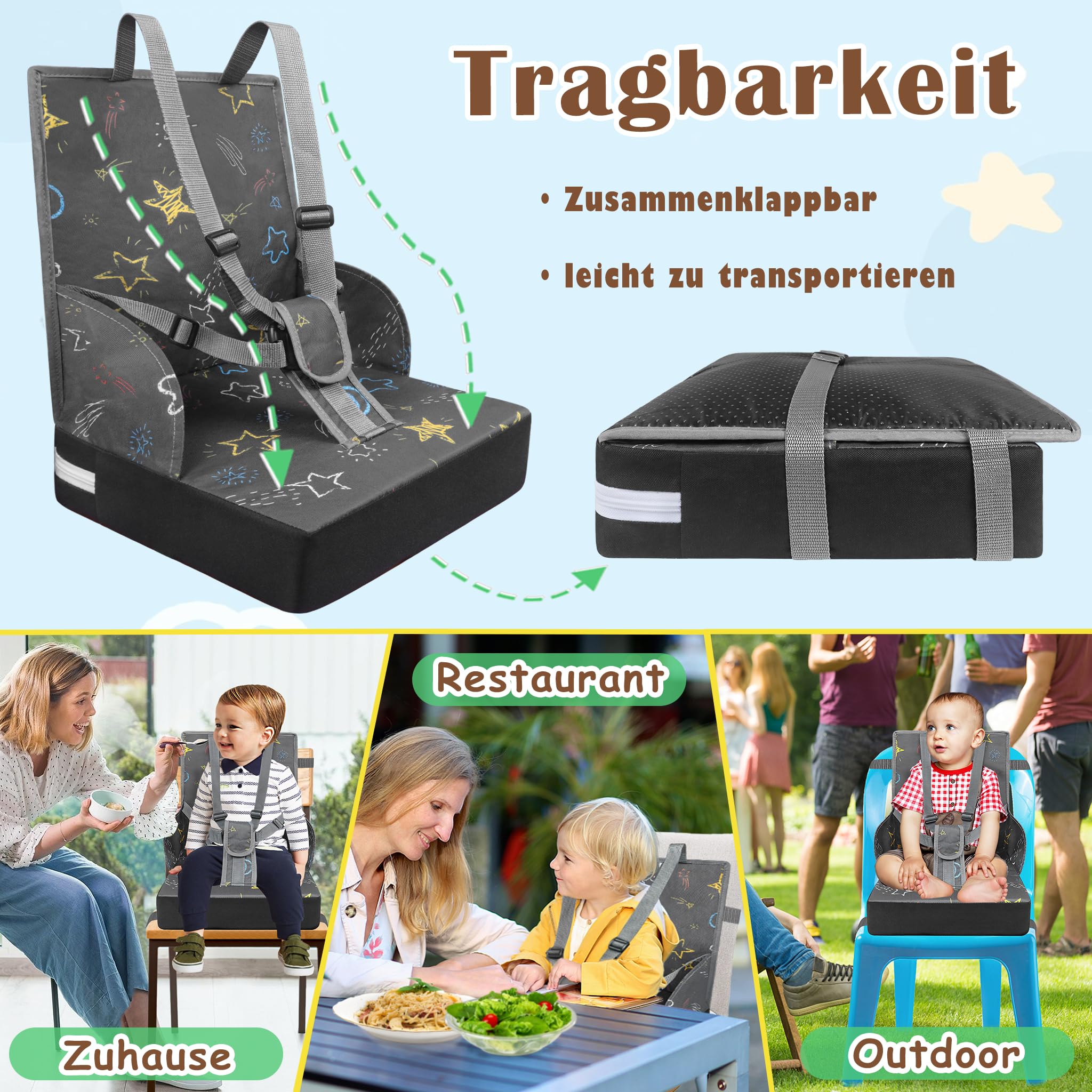 NAIZY Sitzerhöhung Stuhl Kind Kindersitzerhöhung Sitzkissen mit Faltbar Rückenlehne und Dreipunktsicherheitsgurt, Schwämme Boostersitz für Stuhlerhöhung Kinder Baby Essen Stuhl, Grau