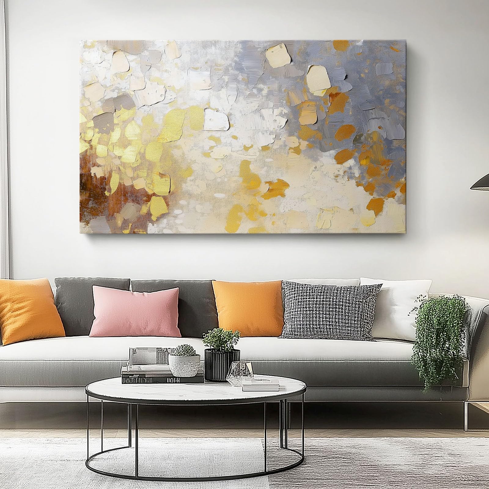 Bild auf Leinwand Abstrakt Textur Ölgemälde Wanddeko Wohnzimmer Aesthetic Deko Zimmer Wandbilder Modern Schlafzimmer Esszimmer Room Decor Gold Grau, 150 x 50 cm