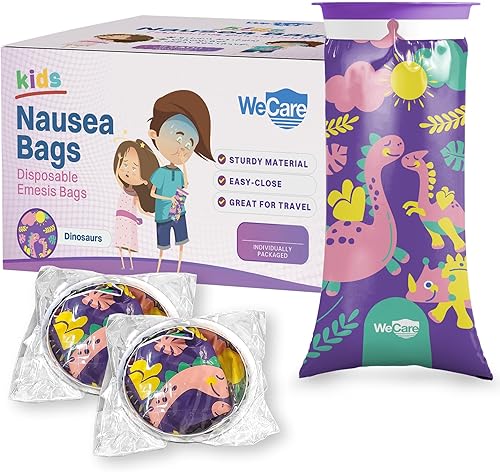 WECARE Bolsas desechables para niños para náuseas y mareos por movimiento, envueltas individualmente, paquete de 20 unidades, estampado de