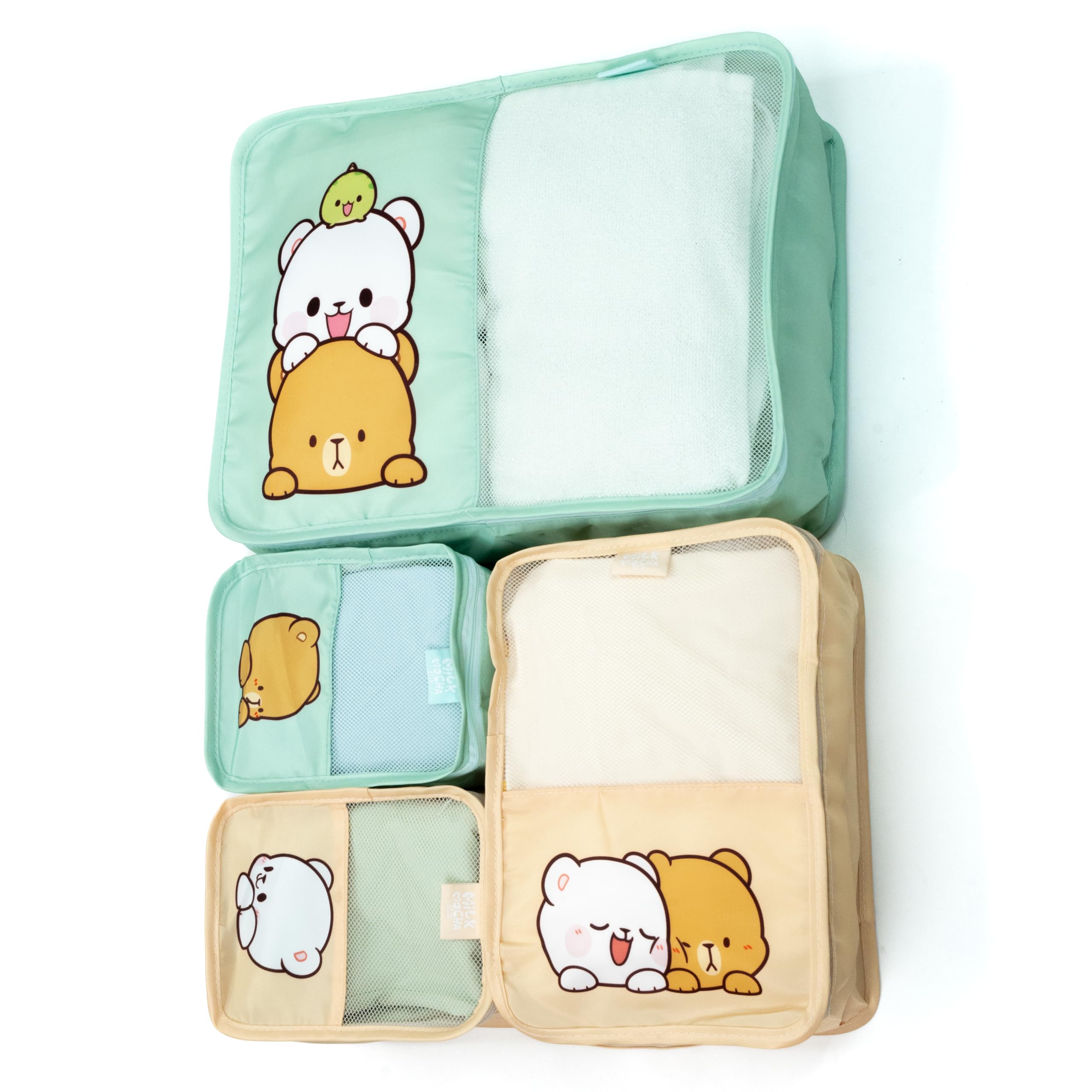 Milch- und Mokka-Reisepackwürfel-Set, autorisiertes Milkmochabear Merchandise-Produkt, 4 Stück, niedlich, bezaubernd, mehrere Größen, Polyester-Aufbewahrungs-Organizer für Gepäck, Koffer, Rucksack,