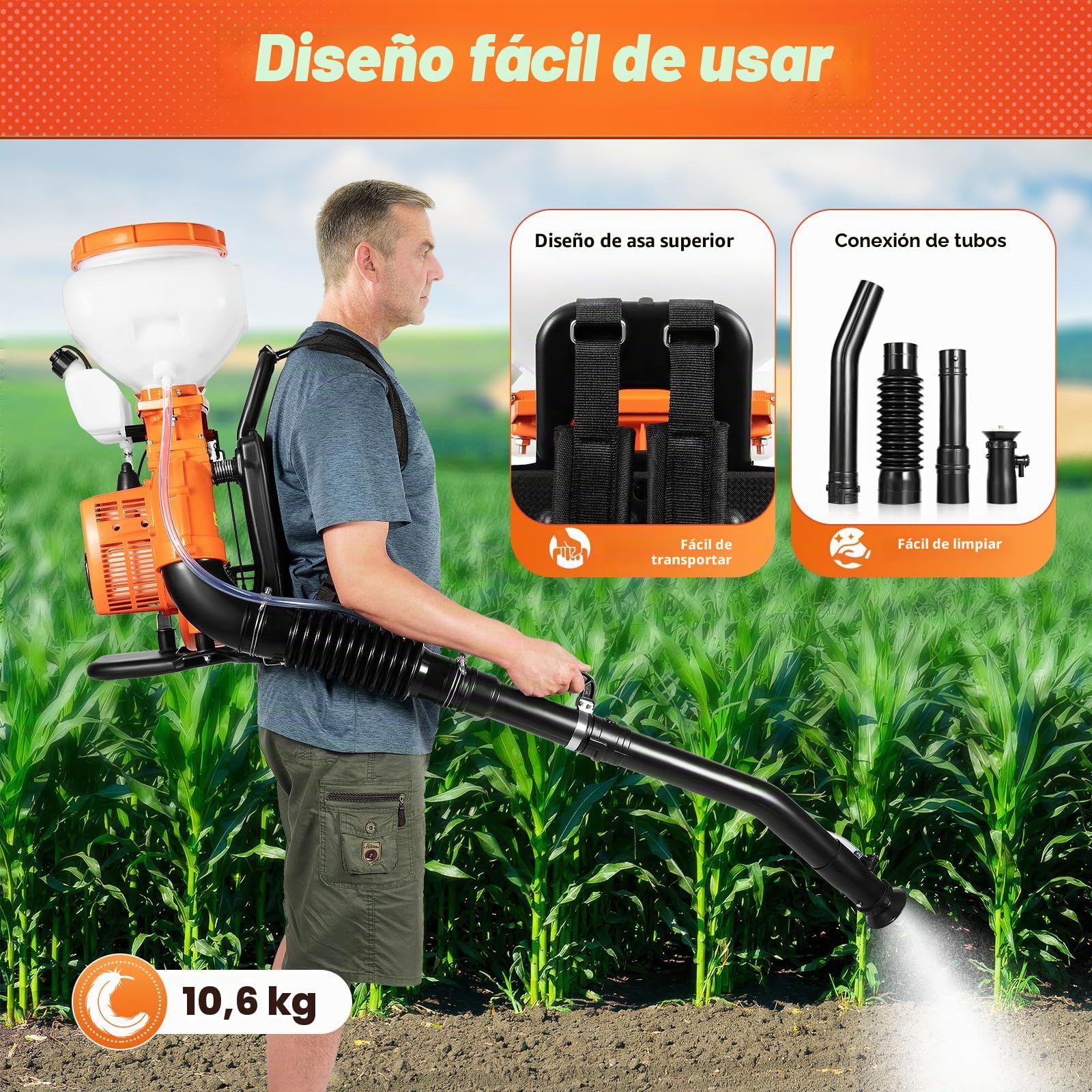 Motor de Pulverización de Gasolina para Espalmar en la Espalda 14L 2 Tiempos 2 13kW 2130W 7500 rpm 7500 U/min Alcance de Pulverización 12m Volumen de Pulverización 4L/min con Palanca de Control para