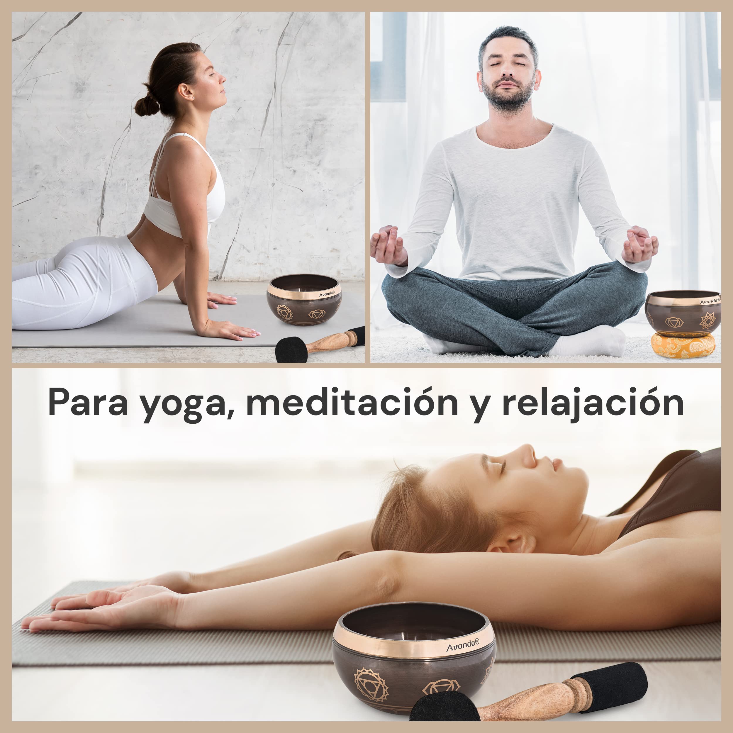 Juego de Cuenco Tibetano Chakra para Yoga, Meditación y Relajación - Cuenco Tibetano Pintado a Mano Ø 10 cm, Mazo Doble con Fieltro y Cuero, Cojín Anular, Bolsa e Instrucciones