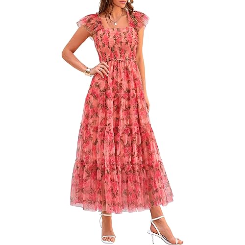 PRETTYGARDEN Women's Summer Midi Tulle Dress Sleeveless Smocked Square Neck Ruffle Flowy Party Wedding Guest Sundress