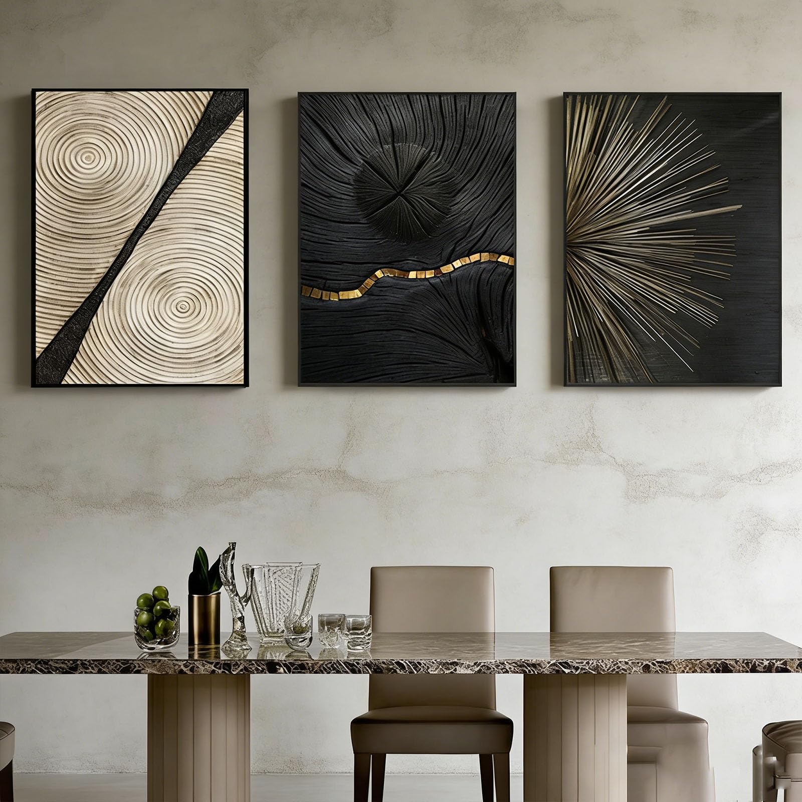 JLCZBT Set de 3 pósteres de diseño, negro y oro, imágenes de arte abstracto para la pared, fotos en línea, oro, decoración del salón, sin marco (anillos de árbol dorados, 40x60cm)