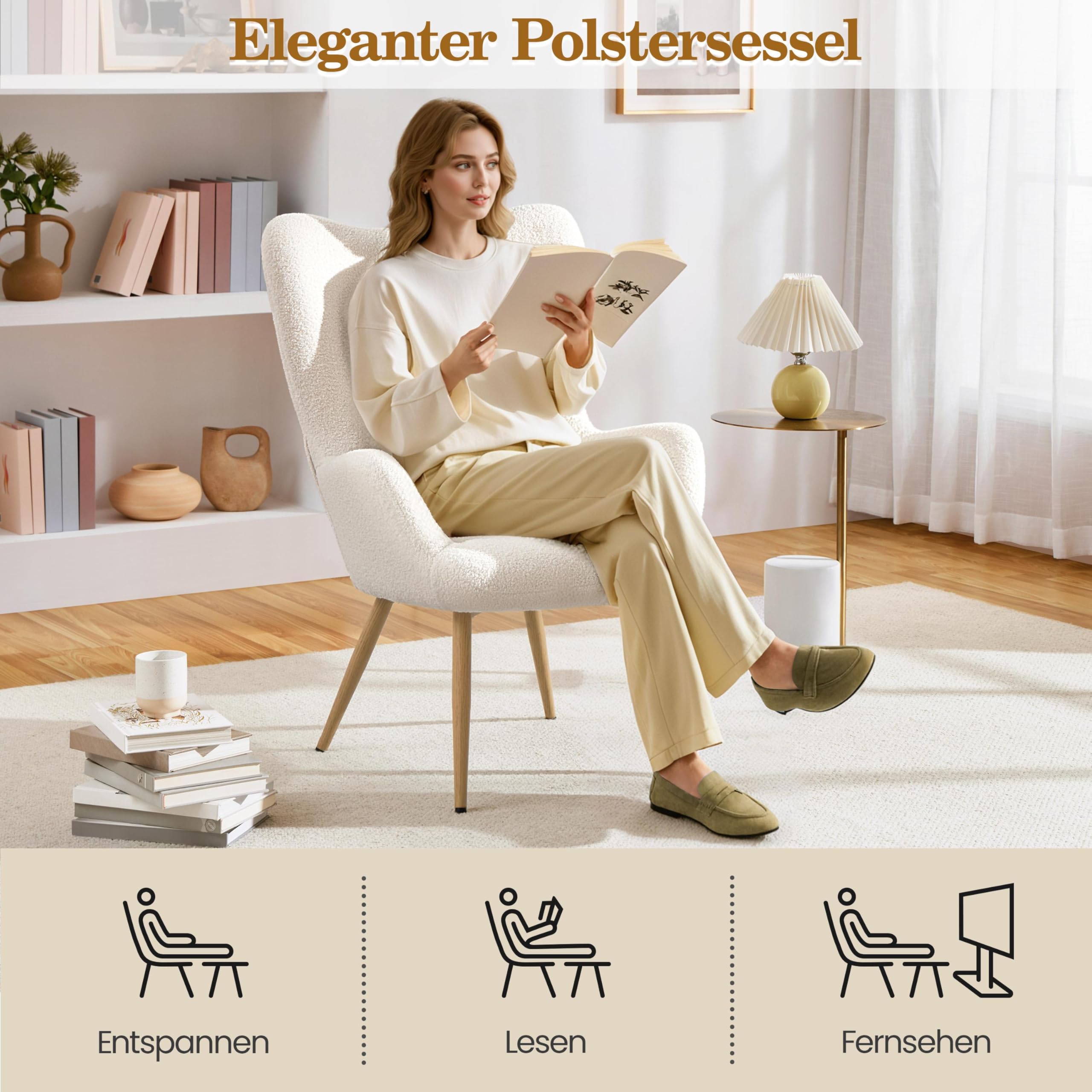 Yaheetech Ohrensessel eleganter Armsessel Polsterstuhl mit klappbare Rückenlehne Lehnsessel bis 136 kg belastbar Sessel fürs Wohnzimmer/Schlafzimmer Elfenbein