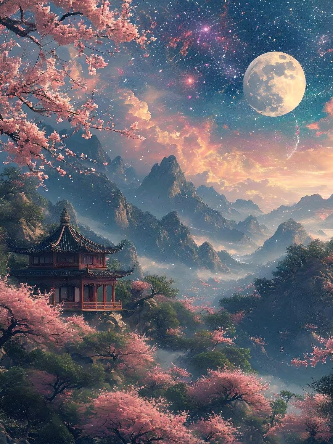 Pintura Diamante Luna de Sakura Diamond Painting Adultos, Cuadros de Diamantes Niños, Bordado en Punto de Cruz Diamante Manualidades Kit, para Regalos Decoración de La Pared Del Hogar 90x120cm t-5378