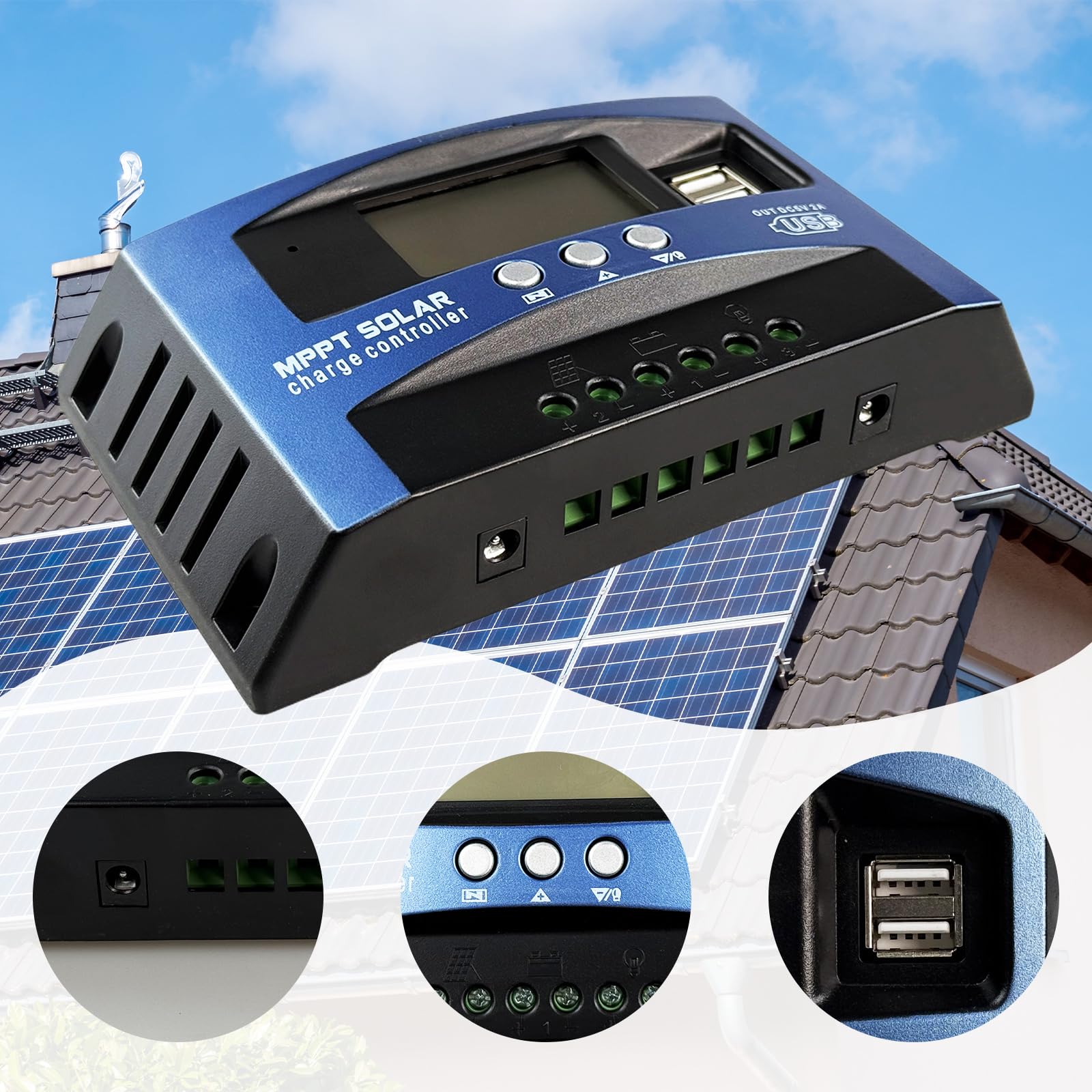MPPT Solarladeregler, 12V/24V 100A Intelligenter Batterieladegerät Solarladeregler mit USB-LCD-Display, Dualer USB-Anschluss Negative Masse Controller Auto-Parameter Einstellbar mit LCD-Anzeige