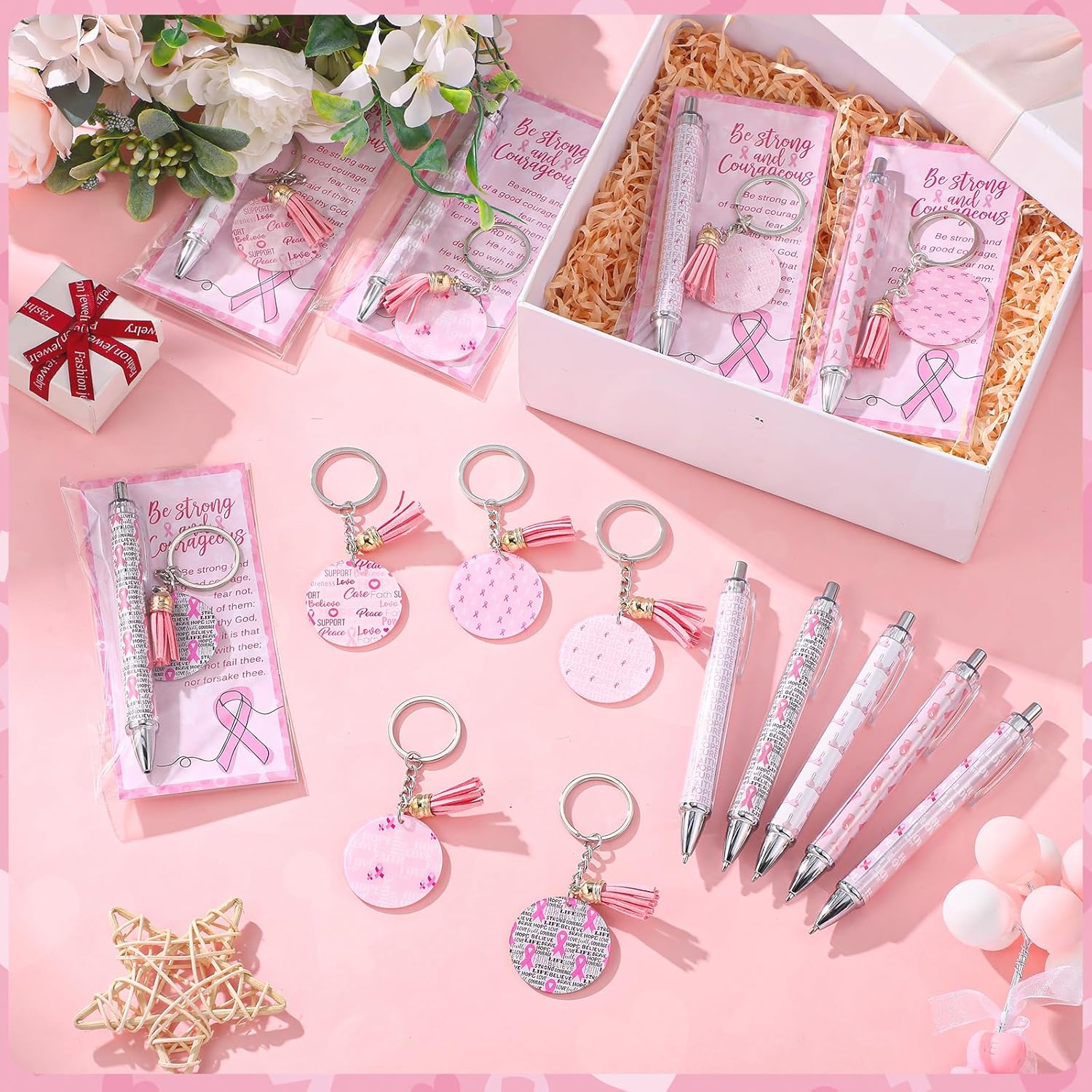 Chiisong 40 Set Breast Cancer Awareness Gifts Bulk Pink Ribbon Pen Keychain Breast Cancer Items for Women Survivor Charity