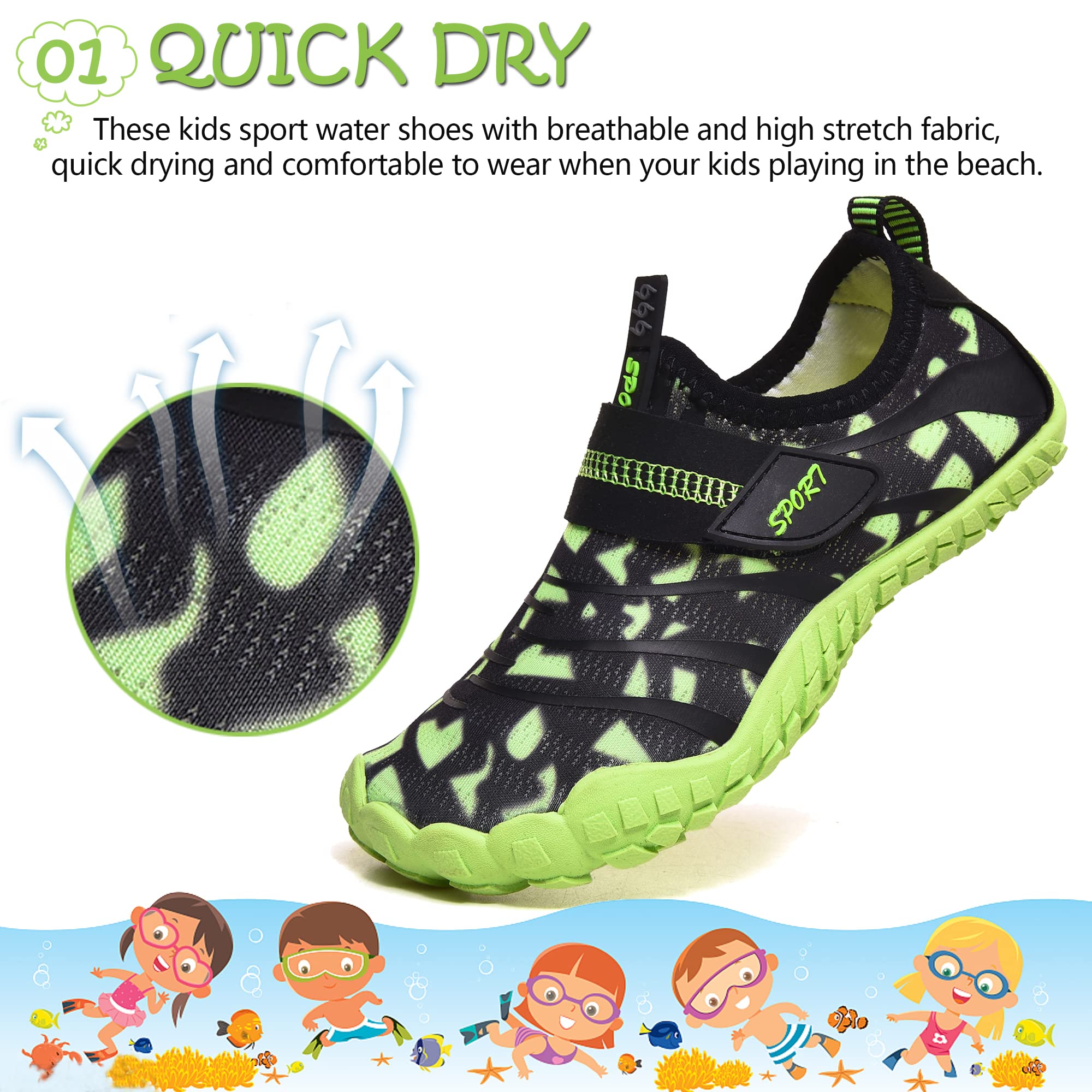Wasserschuhe für Kinder, Jungen, Mädchen, Aqua, Pool, Schwimmen, Strand, Kinder, Barfuß, schnell trocknend, leicht, nass Surfen, Tauchen, schwarz/grün, 32 EU