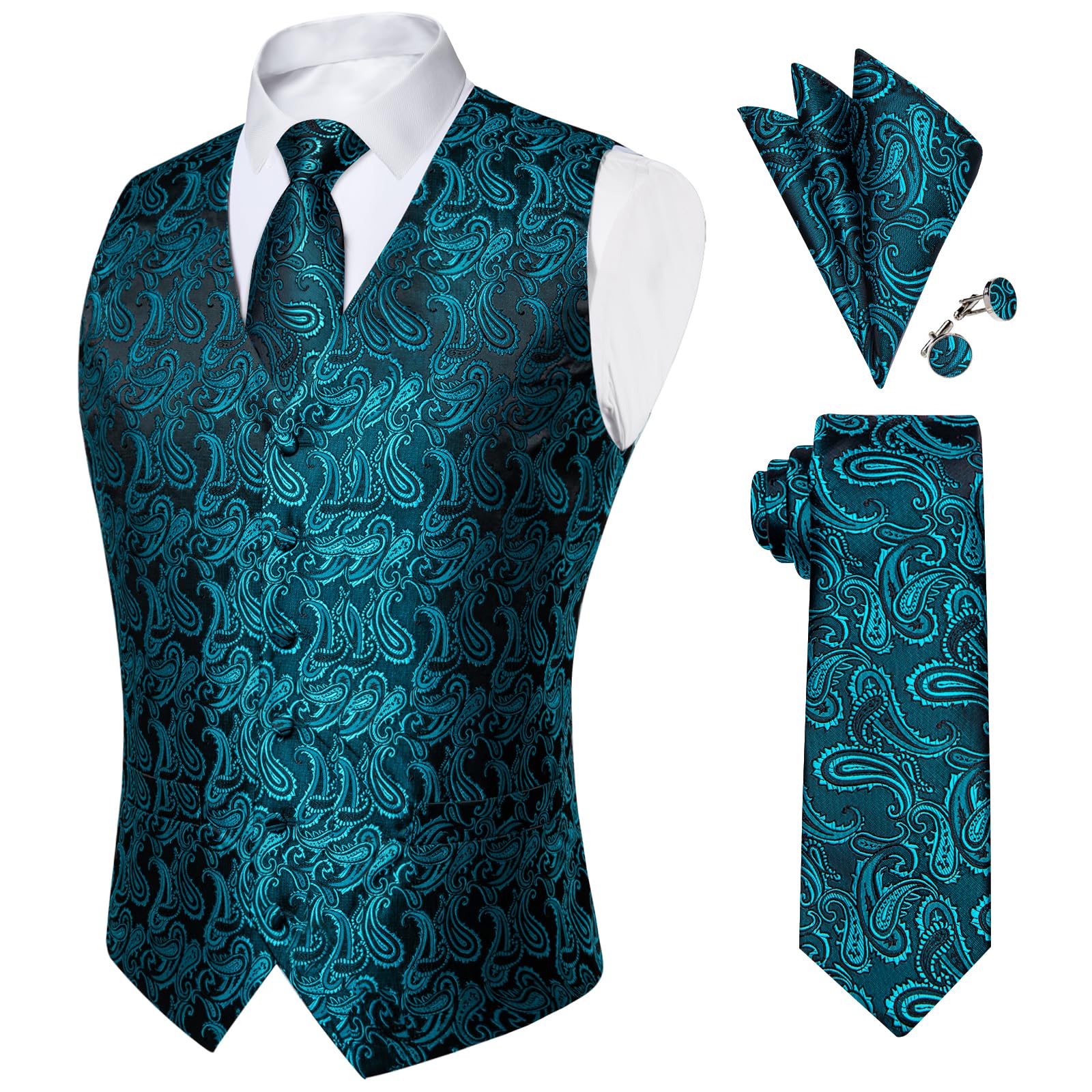 DiBanGu Mens Paisley Vest Silk Sleeveless Suit Vest and Neck Tie Pocket Square Cufflinks Set for Wedding Formal