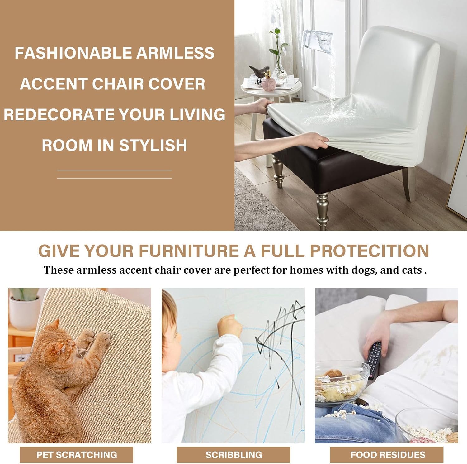 Waterproof Armless Accent Chair Cover, PU Leather Slipper Chair Slipcover Washable Furniture Protector with Elastic Bottom for Living Room Bedroom-White-1 Pack