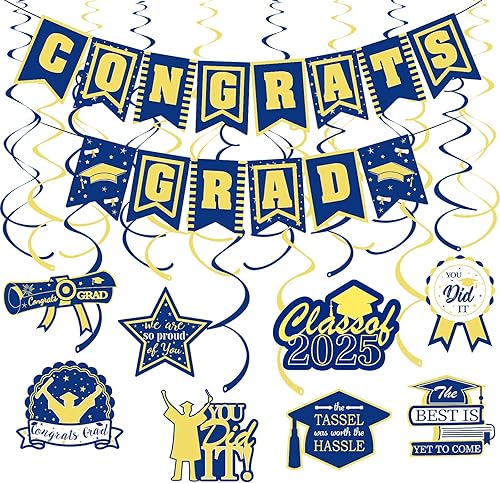 Cartel de felicitación de graduación azul y amarillo y espirales colgantes de graduación 2023, letrero de felicitaciones para graduado de