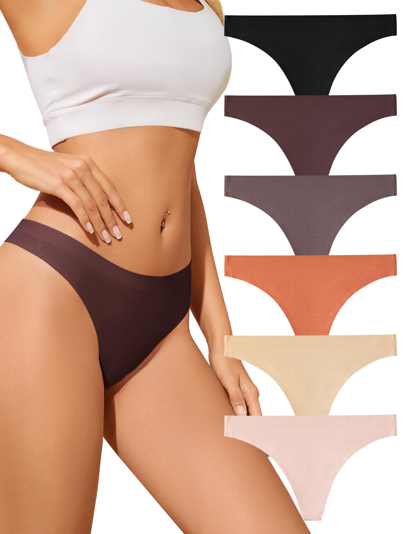 ANSUKOO Damen Nahtlose String Tangas 6 Pack,Seamless Thongs,Unsichtbare Unterhosen für Sport,Atmungsaktive Microfaser Slips,No Show Panties,Bequeme Frauen Unterwäsche,Invisible Thong Underwear