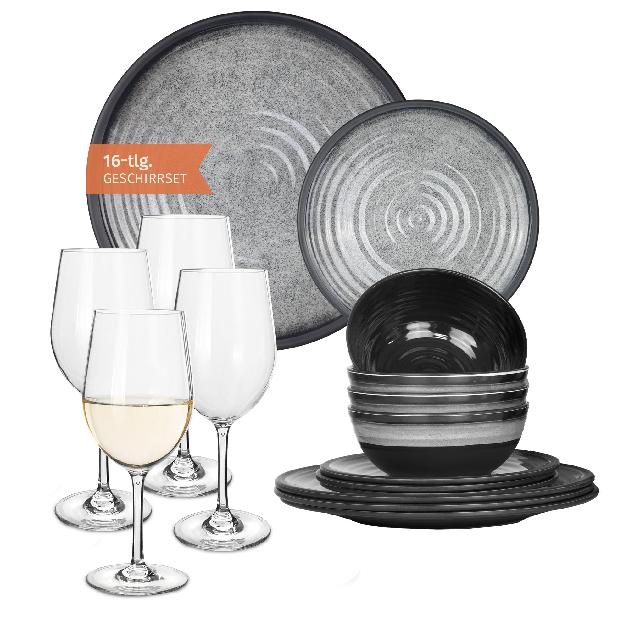 Vajilla de melamina para camping, 4 personas, color gris piedra + 4 vasos de vino blanco Tiamo vajilla de mesa de picnic barbacoa
