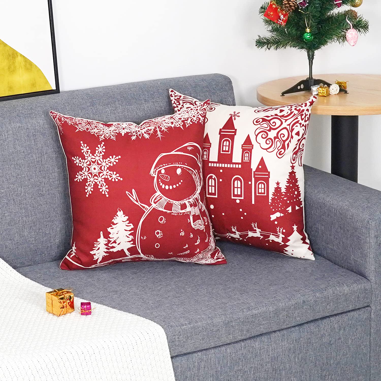 GYISANA Set di 4 federe per cuscini 45x45 rosso pupazzo di neve Natale lino cuscini decorativi moderni per divano