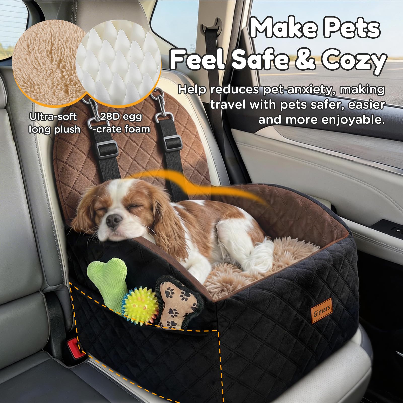 Gimars Réversible Siège Auto Chien Long & Court Peluche pour Petits/Moyens Chiens Jusqu'à 16kg, Amovible Lavable, Antidérapant, Panier Chien Voiture avec Mousse 28D 15cm, Ceinture De Sécurité, S-Brun