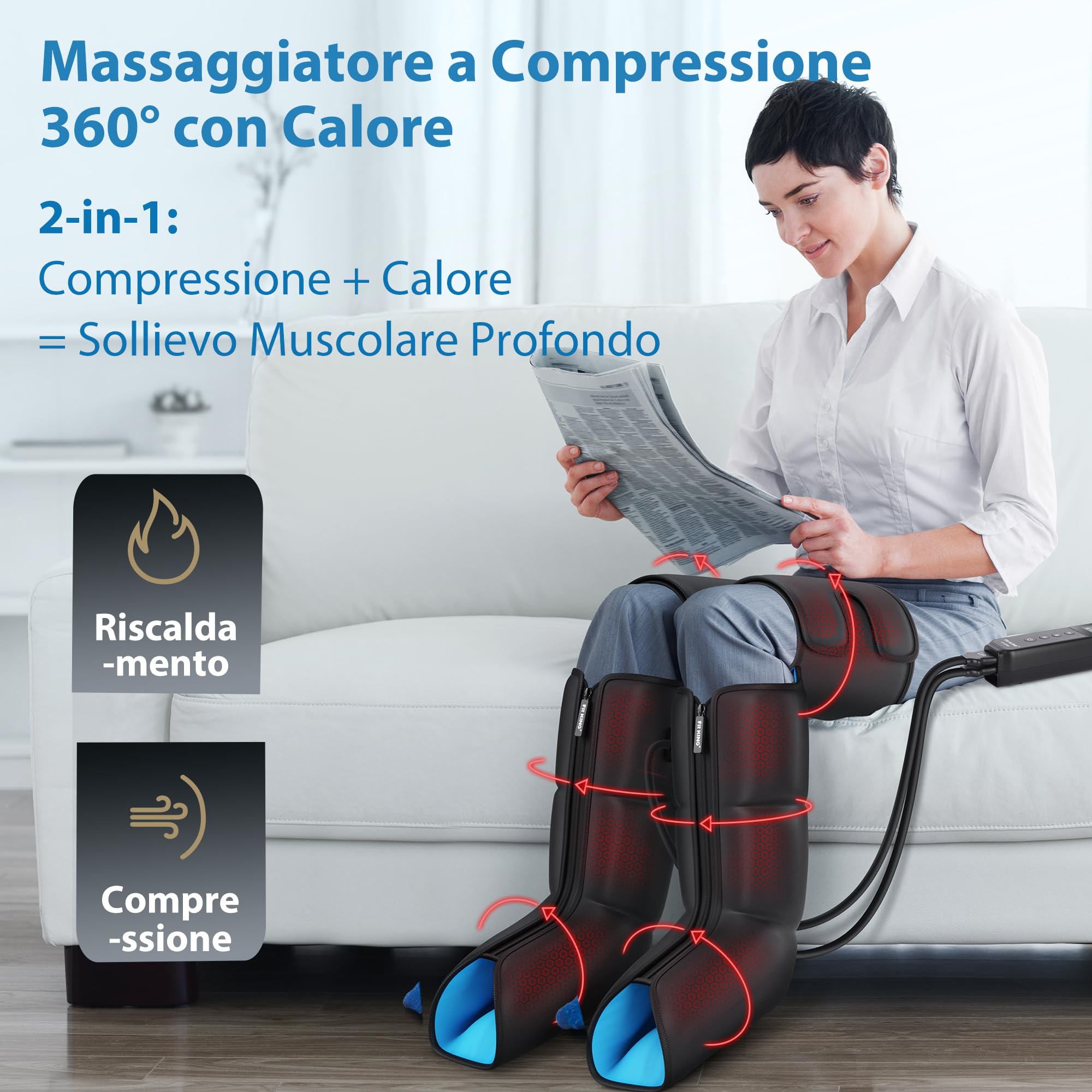 FIT KING Massaggiatore Gambe con Calore e Compressione, Pressoterapia Linfodrenaggio Massaggio Gambe Miglioramento della Circolazione e Recupero Sportivo 3 Livelli di Calore, 3 Modalità Massaggio