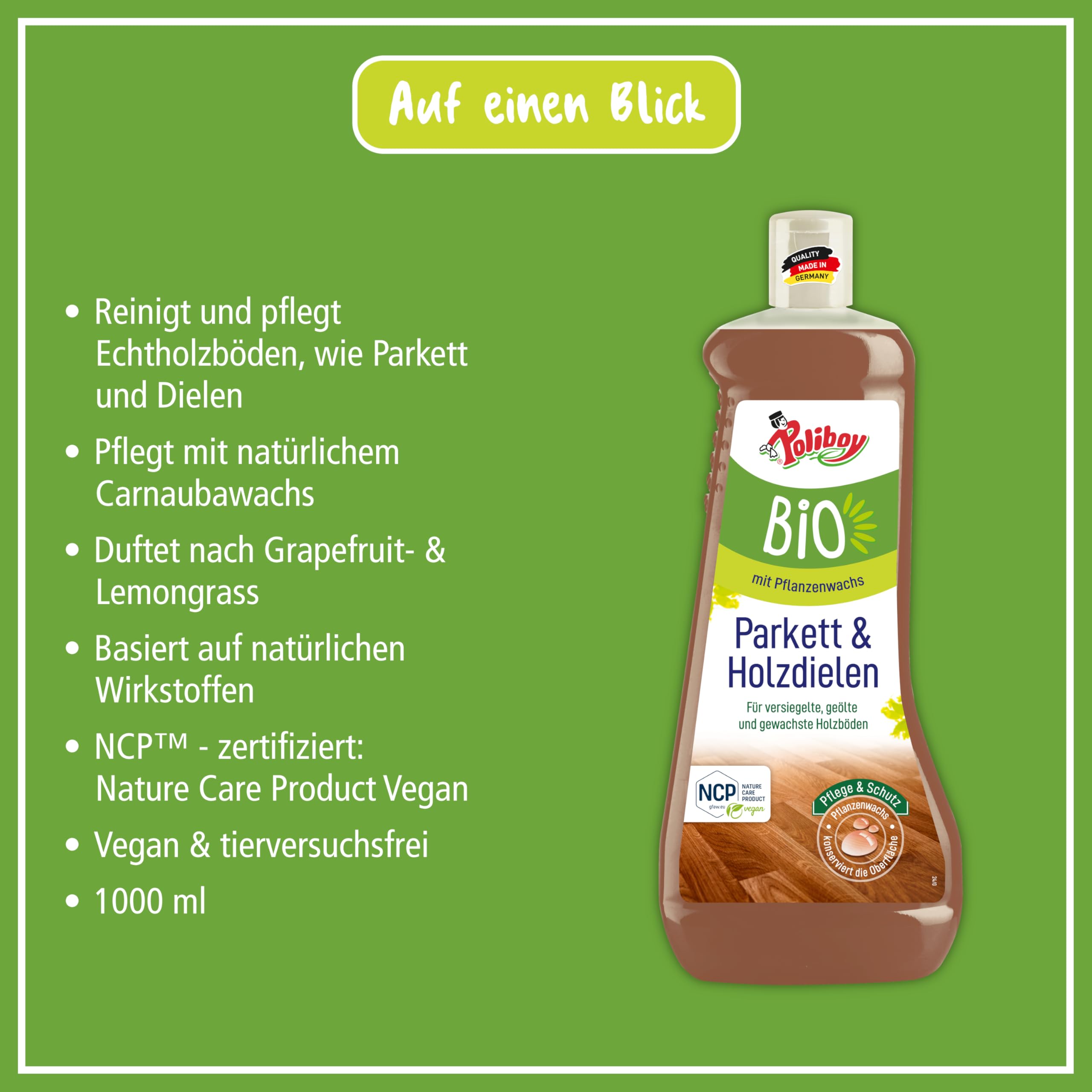 Poliboy - Cuidado y protección para suelos de madera auténtica, encerados y lacados, con cera vegetal, vegano, 3 x 1 L (3 L), con muestra de producto, fabricado en Alemania