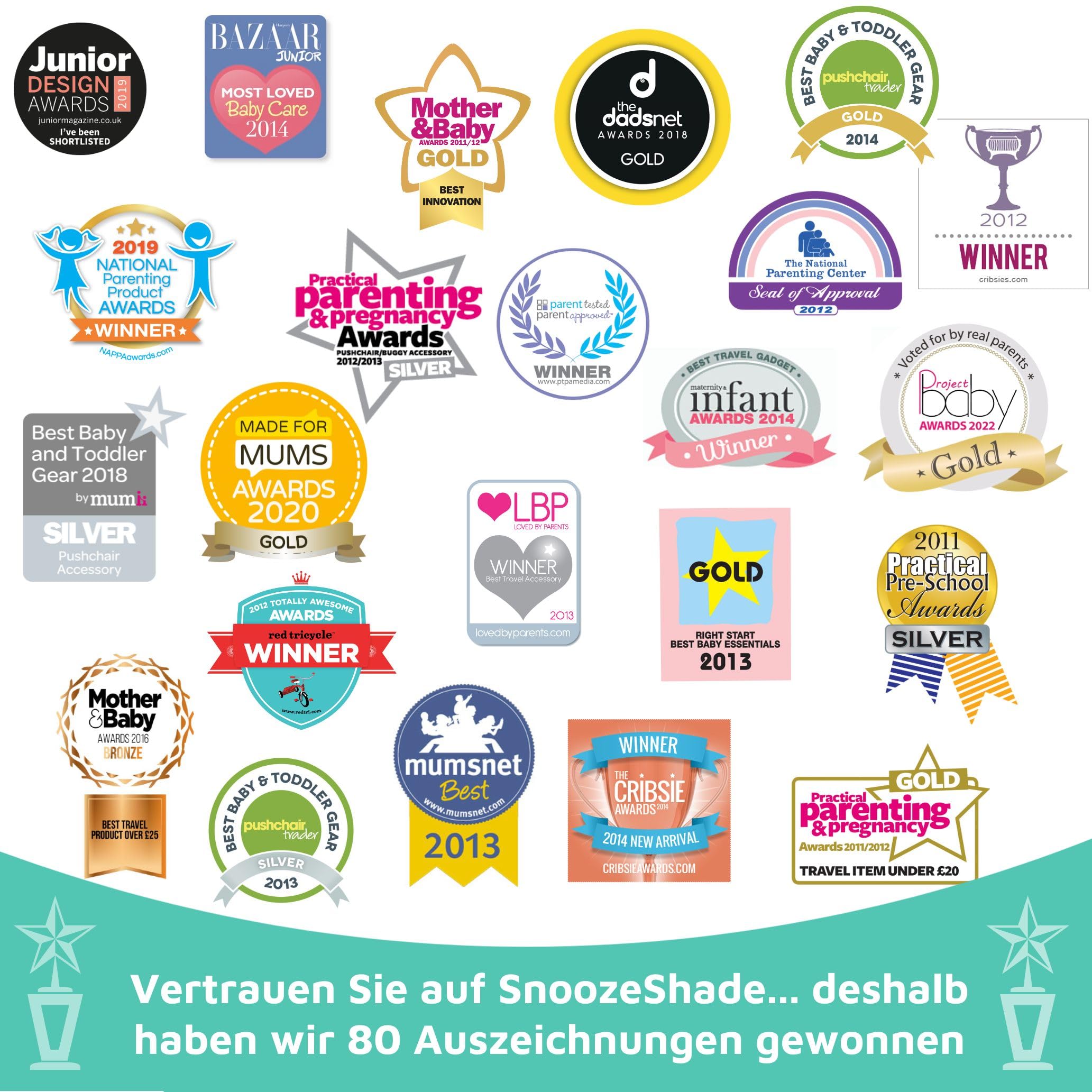 „SnoozeShade Plus Extra (6–9 Monate bis 3 Jahre) Universal-Passform für Baby- und Kleinkind-Buggys und Kinderwagen, Sonnenschutz und Einschlafhilfe für Kinderwagen | Blockiert sicher bis zu 99% der