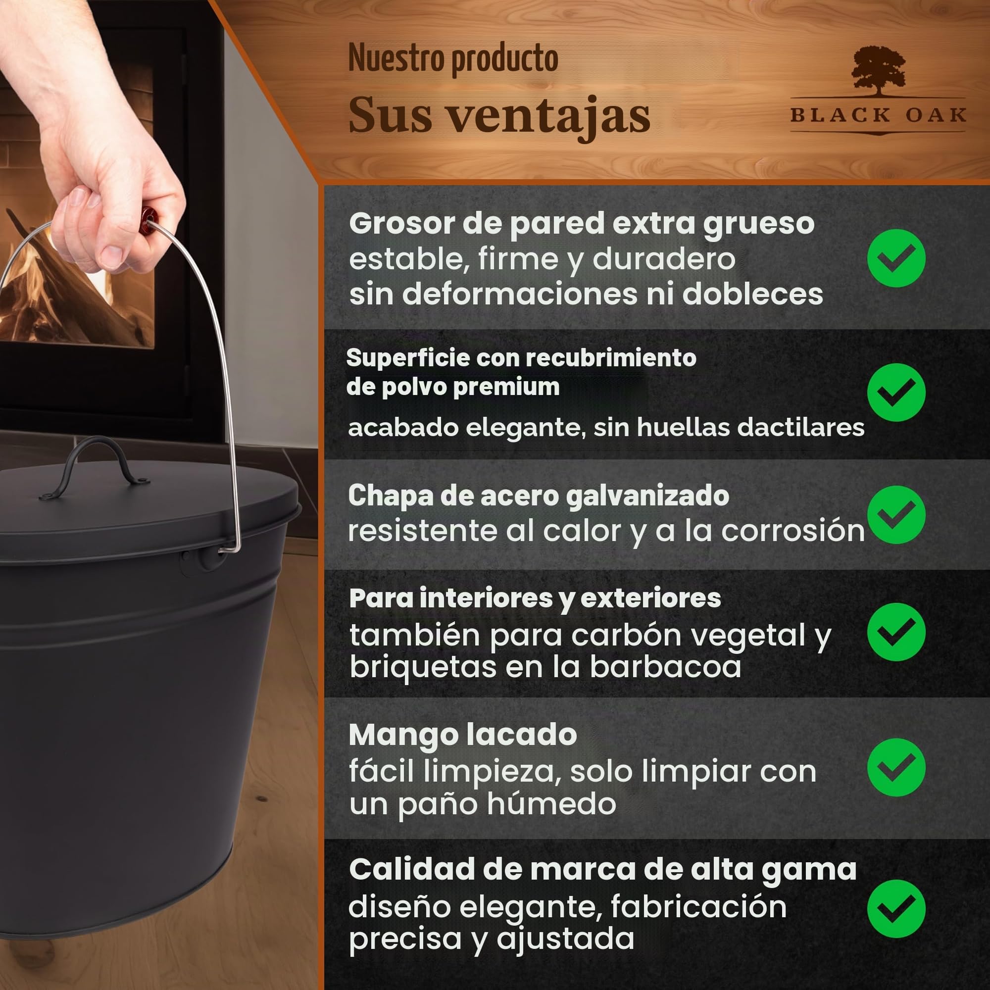BLACK OAK Ascheeimer Vesuvio 15L – negro ovalado con tapa - grande 15 litros - acero resistente al fuego galvanizado y con recubrimiento en polvo, cubo para cenizas y carbón, accesorio ideal para