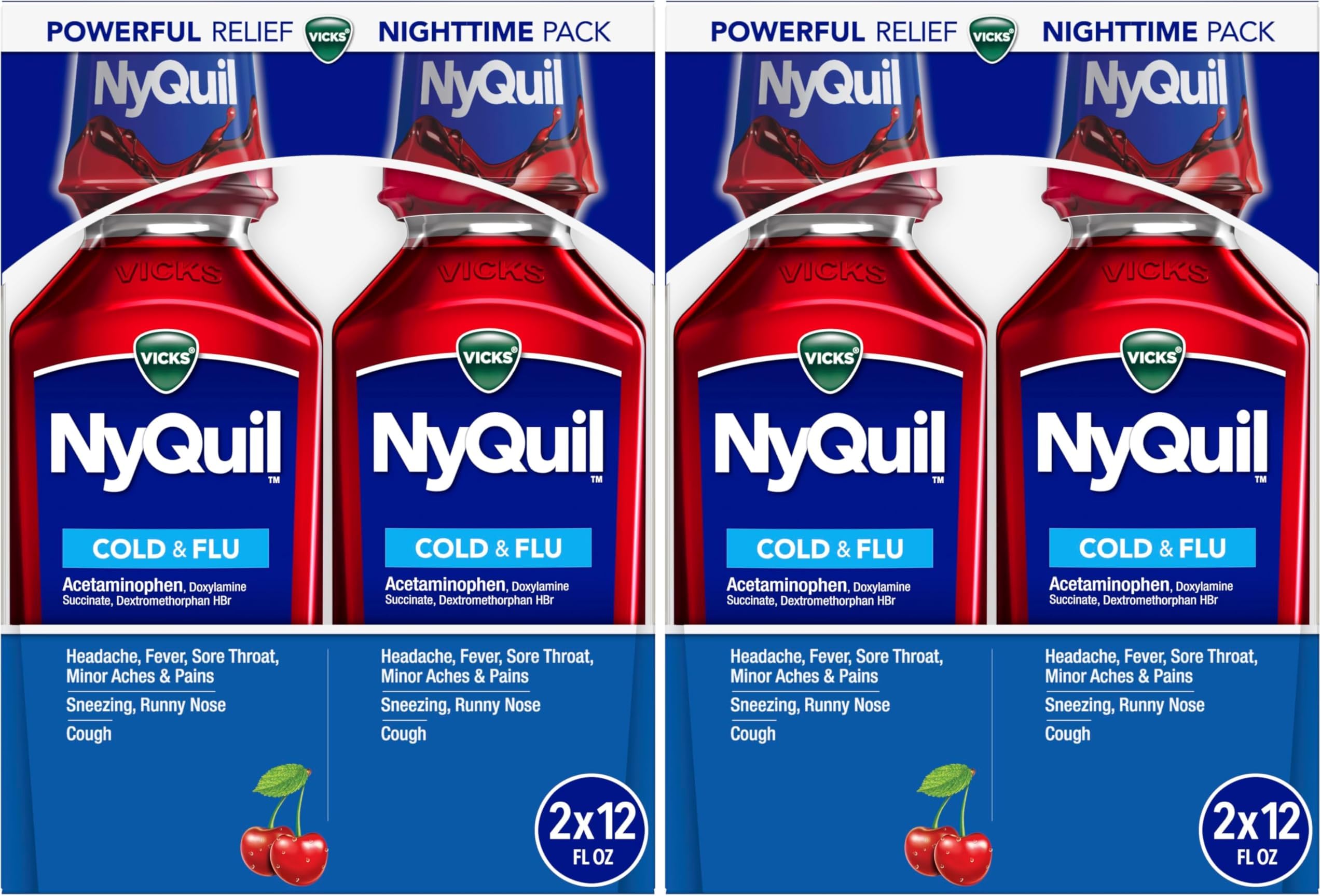 Vicks NyQuil, Nighttime Relief of Cough, Cold & Flu Relief, Sore Throat, Fever, & Congestion Relief, Cherry Flavor, Twin Pack, 12 FL OZ (Pack of 2)