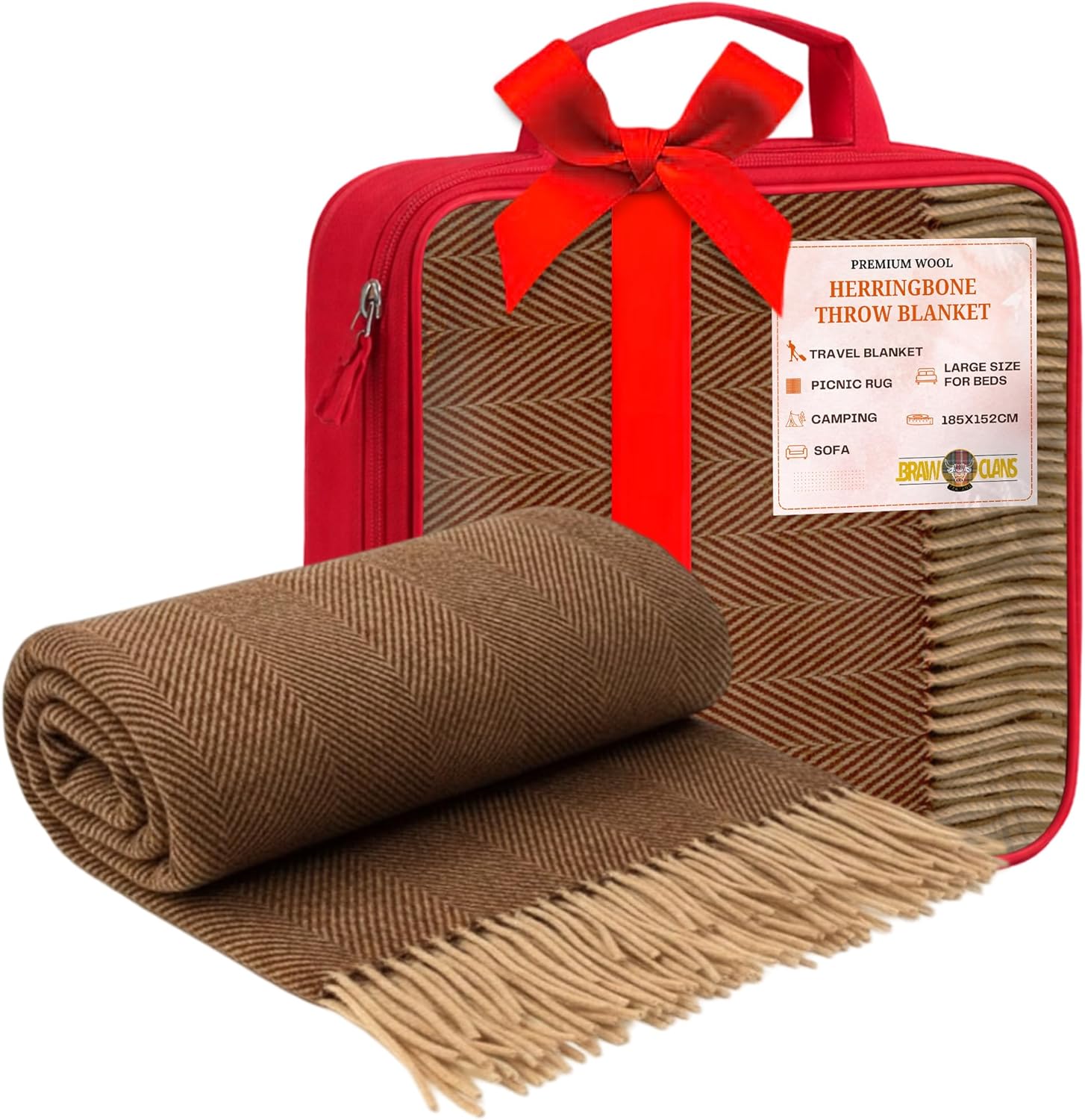 Premium Wool Herringbone Throw - Blanket Colour Chestnut Brown - 185x152cm - Soft, Durable Recycled - Winter Travel, Sofa, Picnic Rug - Large Size for Beds & Camping