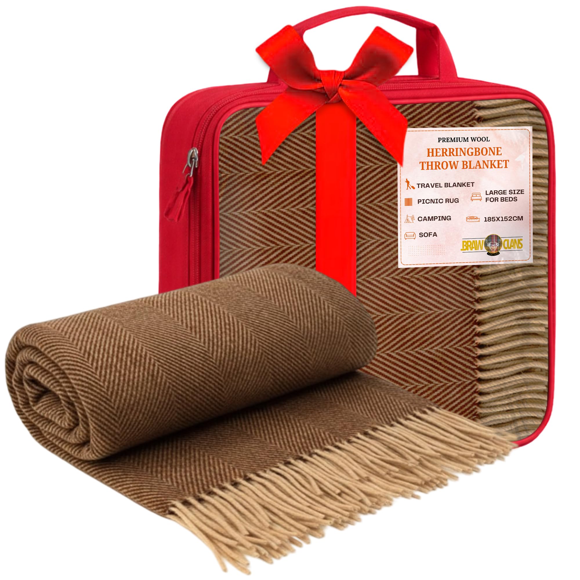 Braw Clans Tartans Chestnut Brown Premium Wool Herringbone Throw - Blanket Colour - 185X152cm - Soft, Durable Recycled - Winter Travel, Sofa, Picnic Rug - Large Size For Beds & Camping