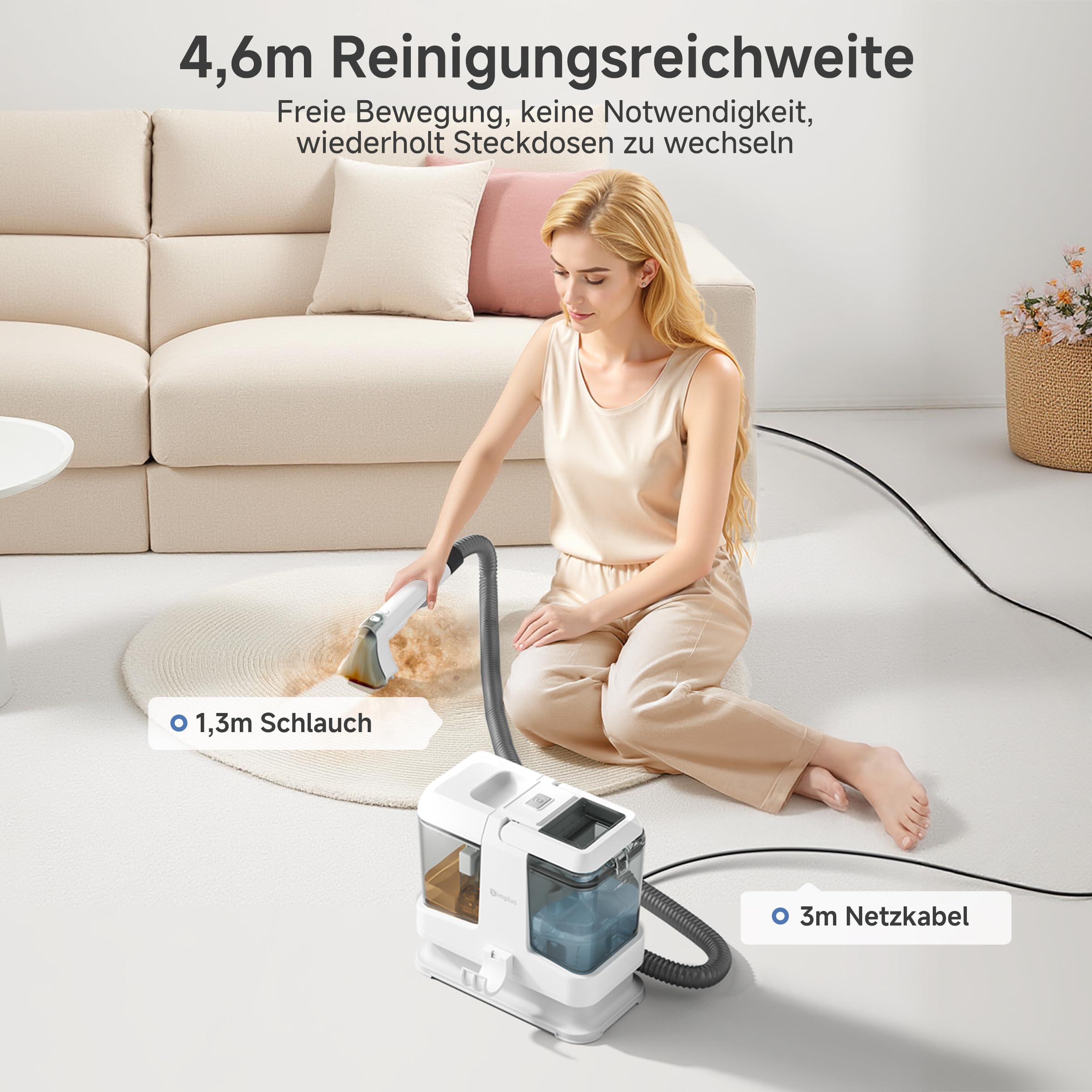 SIMPLUS Polsterreiniger Gerät 12000Pa, kompakter Waschsauger mit 2-Tank-System, Sprüh- & Saugfunktion, Nasssauger für punktuelle Fleckenreinigung auf Sofa, Polster, Teppich & Auto, 2,5 kg, 2 Bürsten