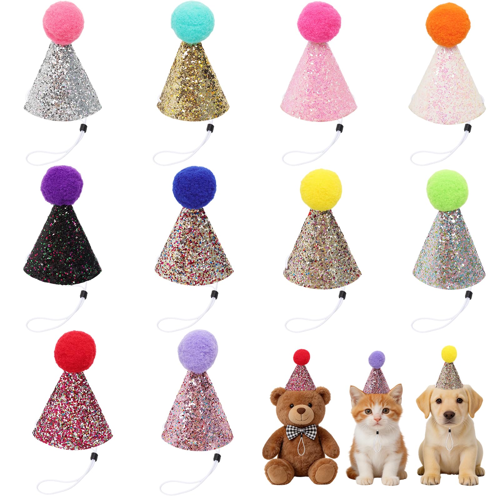 10 Pcs Mini Party Hats for Stuffed Animals Toys,Party Hats for Teddy Bear Small,Reusable with Pom Poms Adjustable Headband Glitter Birthday Hat,for Kittens Dogs Rabbits Small Animals Bear Party