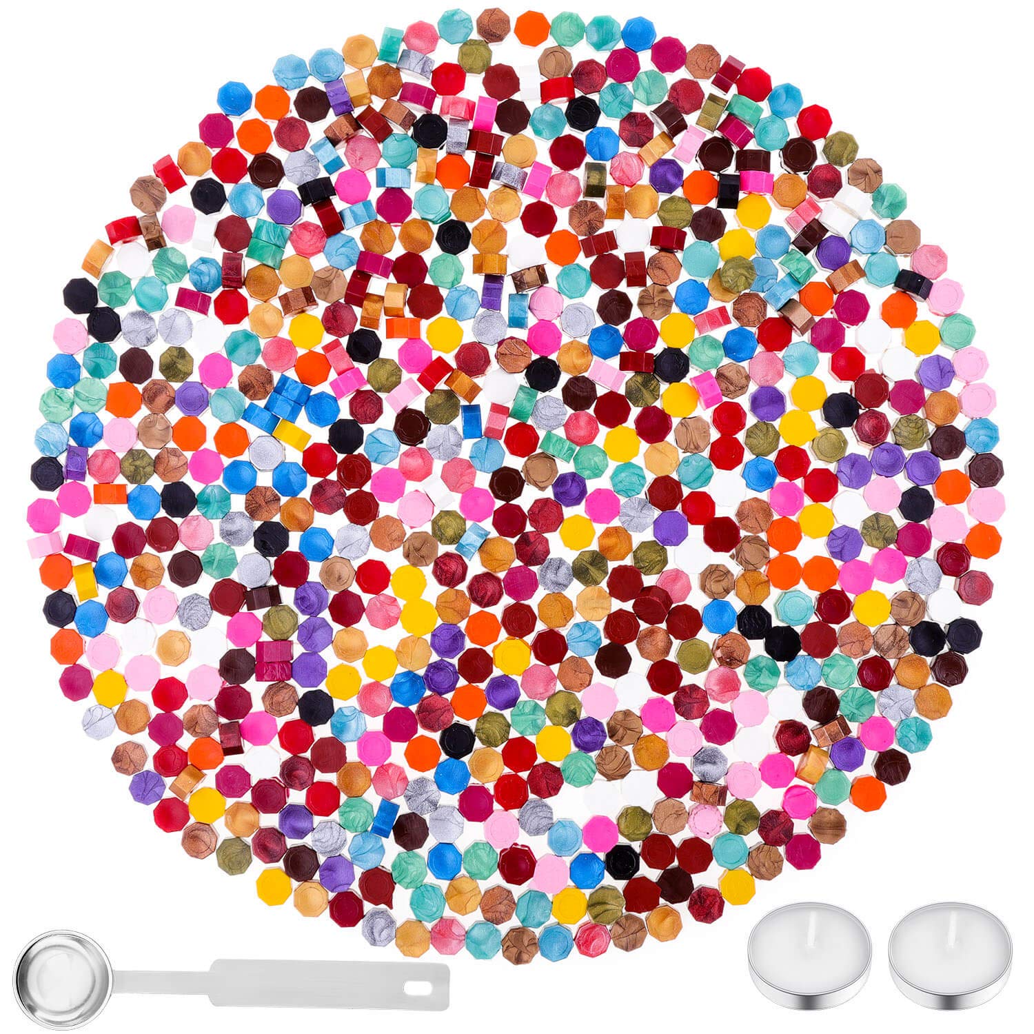 Anezus 300Pcs Octagon Sealing Wax Beads with 2Pcs Tea Candles and 1 Pcs Wax Melting Spoon for Wax Stamp Sealing (20 Colors)