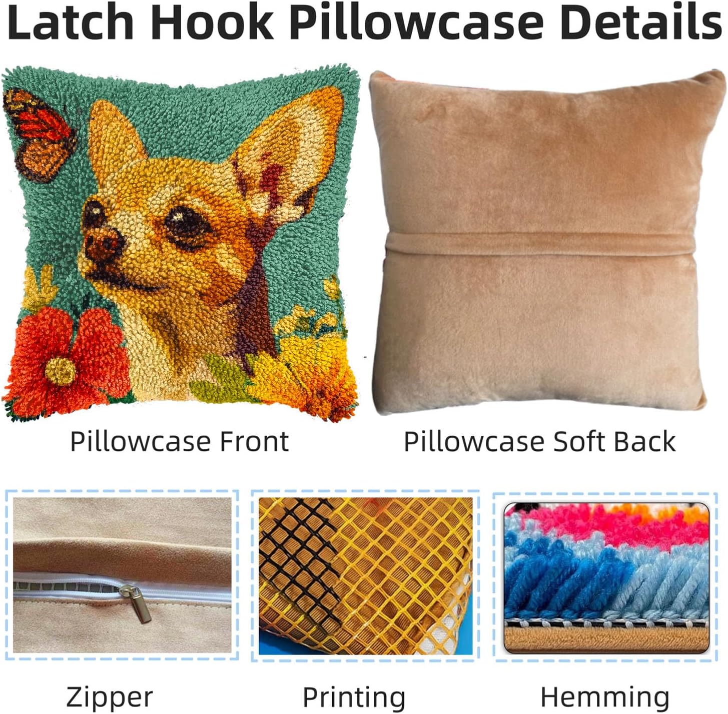 DIY Latch Hook Pillow Kits for Adults Chihuahua Dog and Butterfly Flowers Printed Pillowcase Crochet Yarns Hooking Handmade Pillow Cover Cushion for Home Sofa Decoration 17x17inch-3