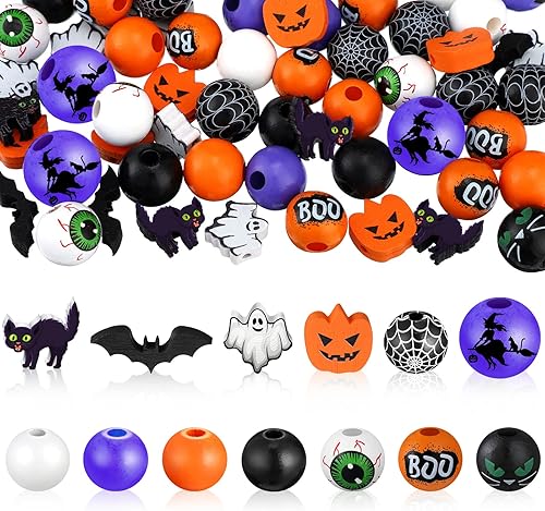 Qunclay 200 cuentas de madera para Halloween, murciélago, gato, fantasma, calabaza, 0.63 pulgadas, manualidades, manualidades, joyería, guirnalda,