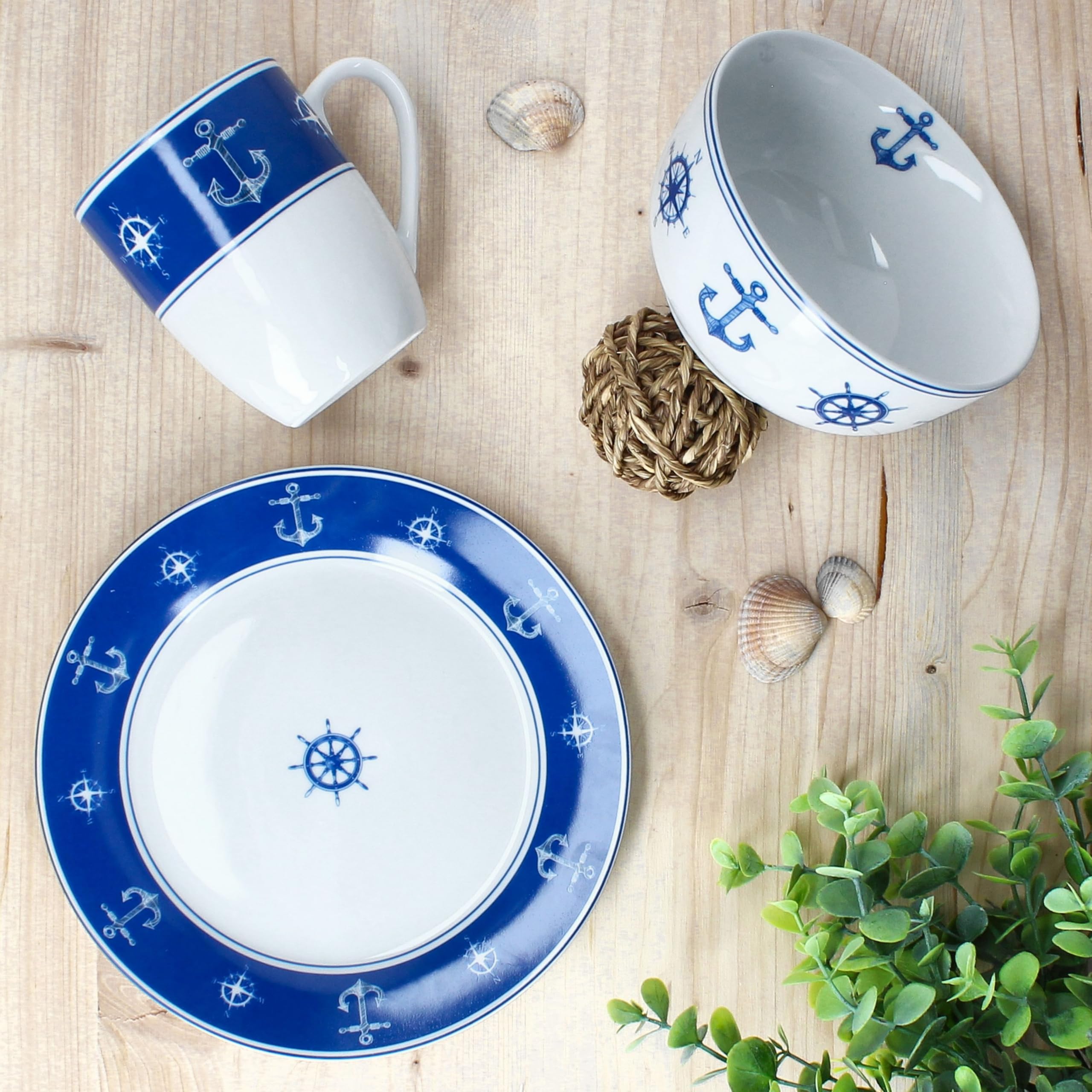 MamboCat AHOI 18tlg Frühstücksset aus Porzellan I blau-weißes maritimes Design mit Anker & Steuerrad I je 6X Kuchenteller, Müslischale & Kaffeebecher für 6 Personen
