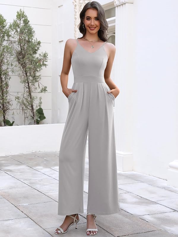 ANRABESS Women V Neck Spaghetti Strap Wide Leg Dressy Jumpsuits 2026 Summer Casual One Piece Jumper Romper Outfits & Pockets Grey Small by ANRABESS - Image 5