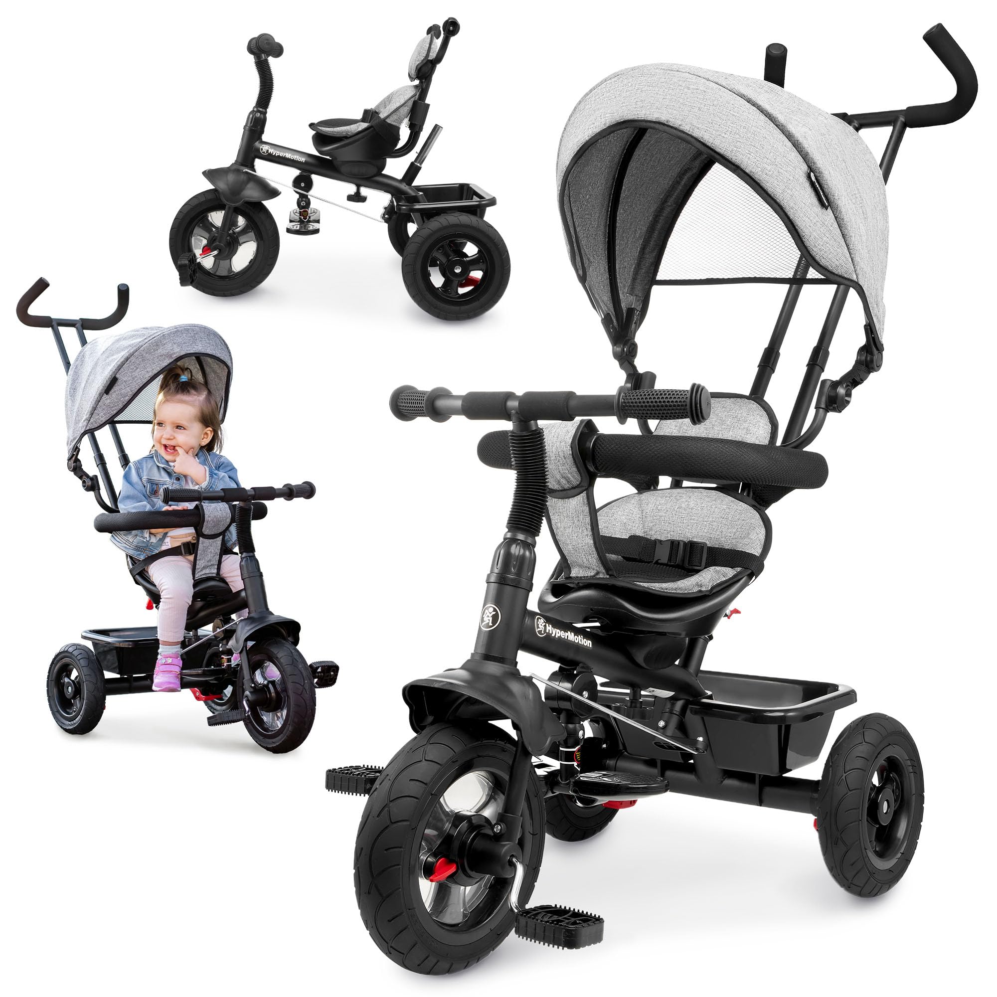 HyperMotion Dreirad ab 1 Jahr mit Schubstange - 3-in-1 Kinderfahrzeug für 1-4 Jahre, bis 20 kg - mit höhenverstellbarem Elterngriff und Schiebelenker, Grau