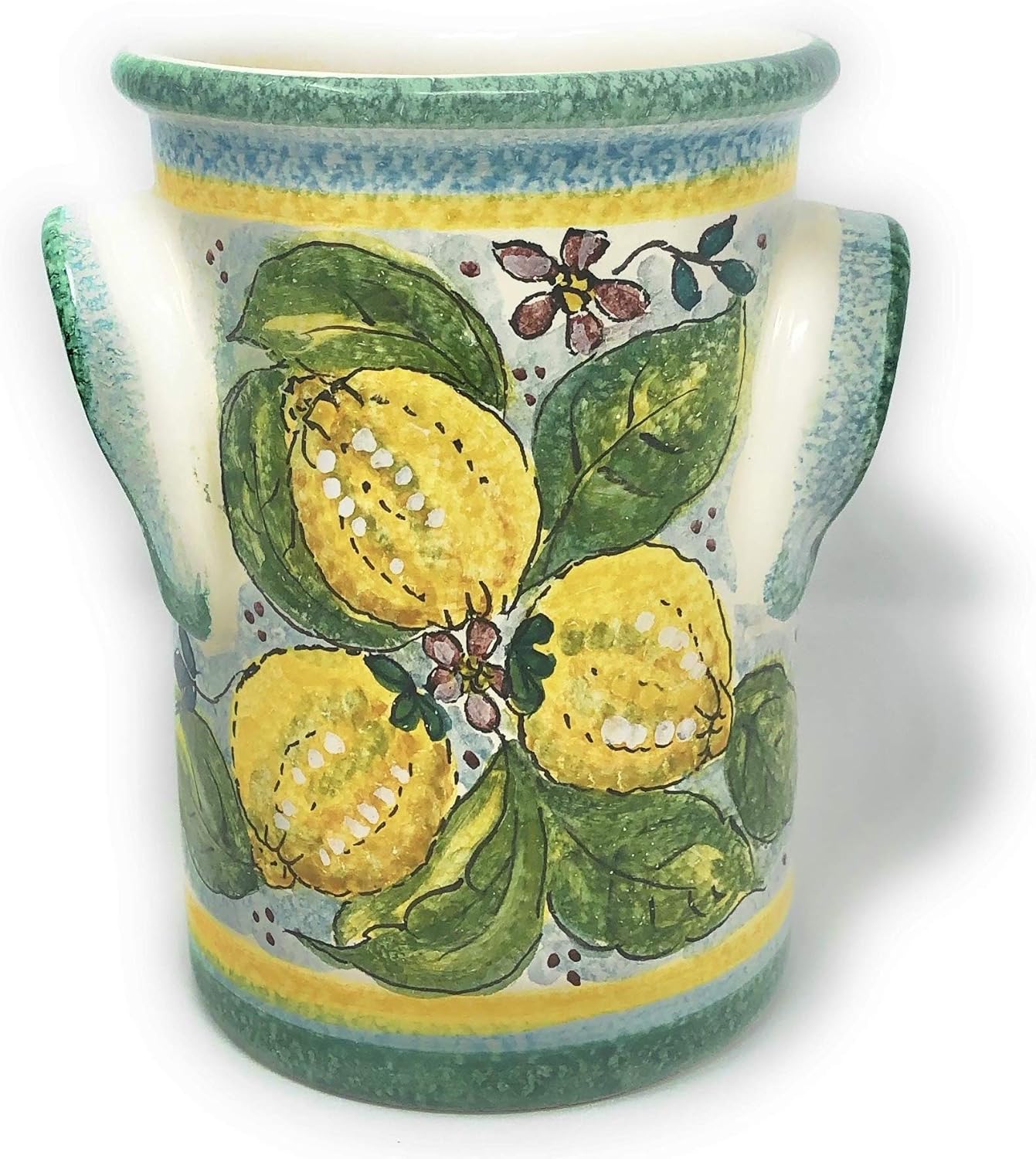 CERAMICHE D'ARTE PARRINI- Italian Ceramic Utensil Holder Wine Bottle Hand Painted Made in Italy Decorated Lemons Tuscan Art Pottery
