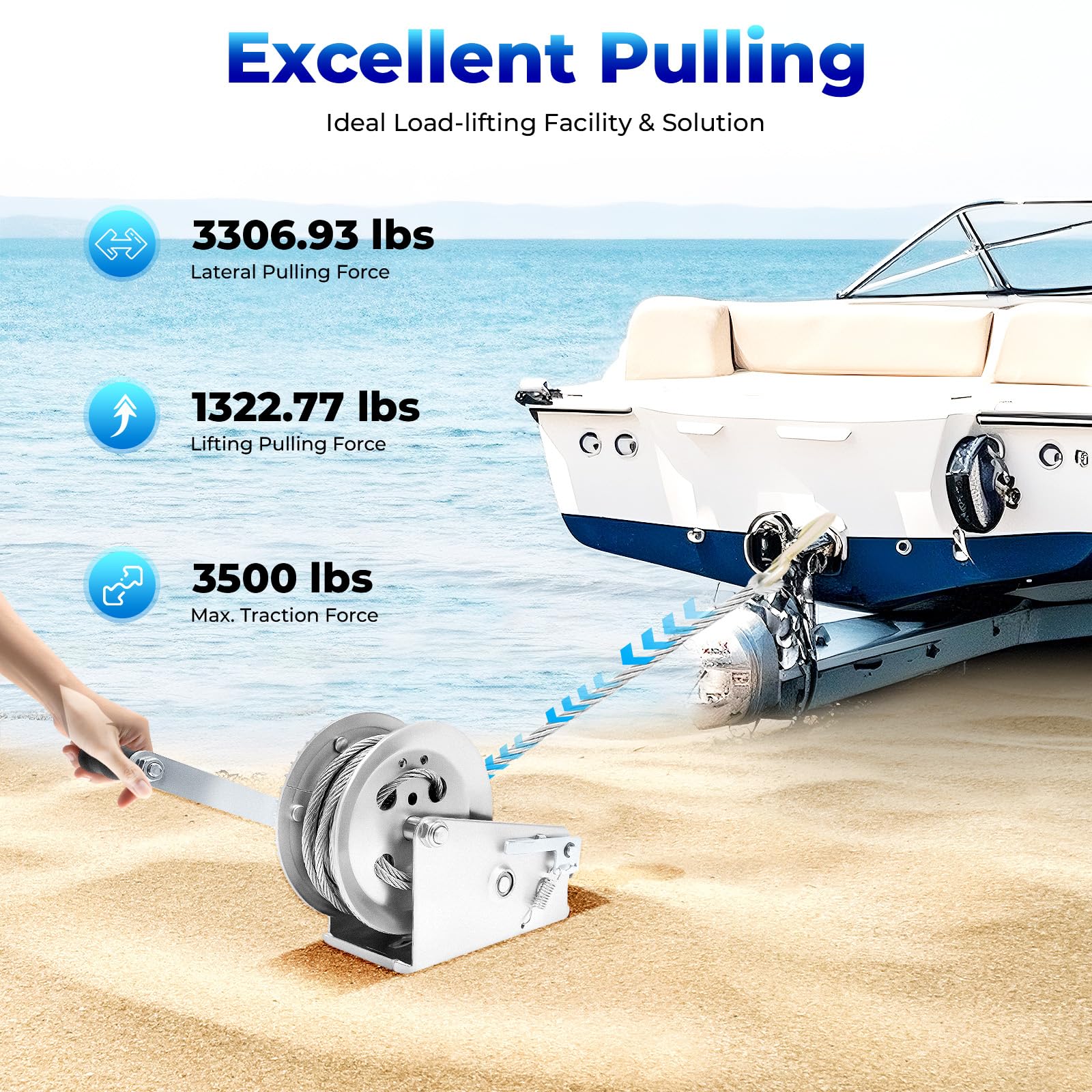 Cabrestante manual, acero templado,Trinquete de retorno, alta fuerza de tracción 3500lbs,Relación de transmisión 4 a 1 8 a 1,mango ergonómico,Uso de remolque barco offroad,Cuerda 10m 19x10x18cm
