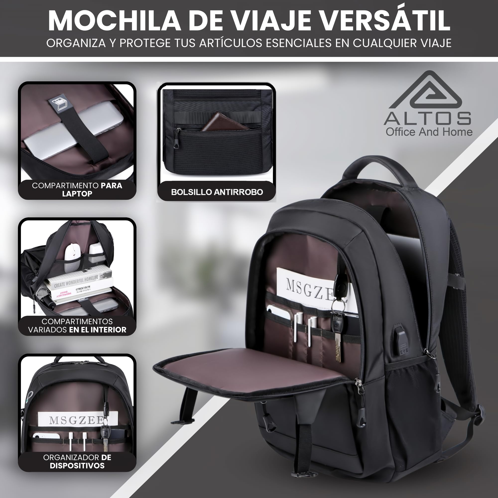 ALTOS OFFICE AND HOME Mochila para Portátil de 15,6 Pulgadas con Conexión USB, Impermeable, Protección contra Robo, para Viajes de Negocios, Estudio y Senderismo, Color Negro